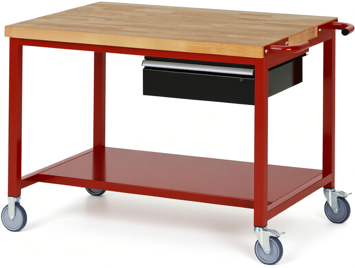 Fahrbare Werkbank Modell 8001 rot - schwarz, BxTxH 1250x900x880 mm,  Buche-Massiv Arbeitsplatte 40 mm,  1 Schublade mit  Auszug 90 %
