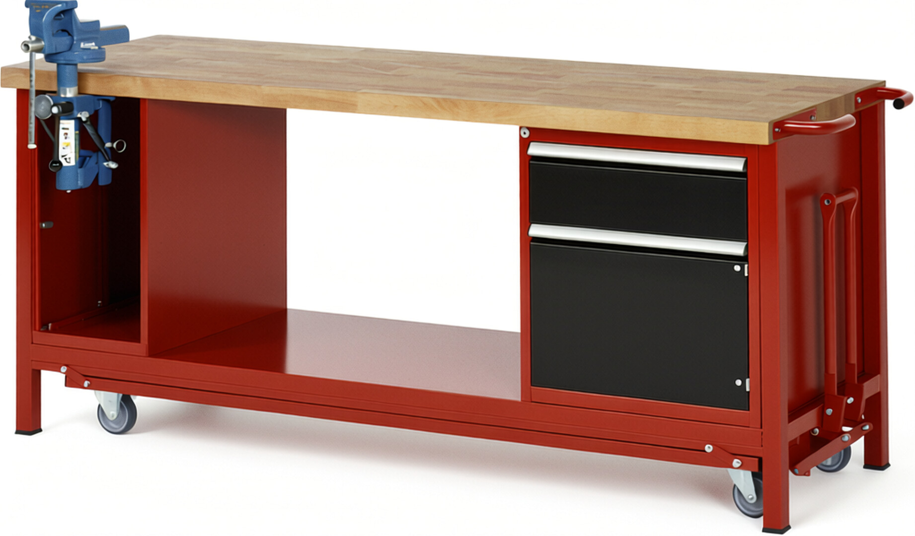 Absenkbare Werkbank Modell 8181 rot - schwarz, BxTxH 2000x700x880 mm,  Buche-Massiv Arbeitsplatte 40 mm,  1 Schublade mit  Vollauszug 100 % und  SoftClosing