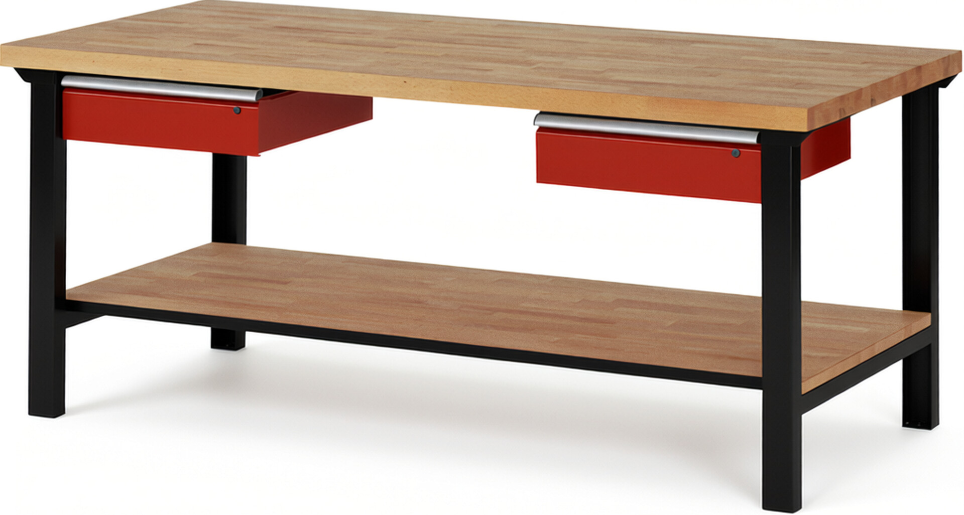 RAU Werkbank schwarz - rot - Breite 200 cm - Tiefe 90 cm - Höhe 84 cm - Buche-Massiv Arbeitsplatte 40 mm