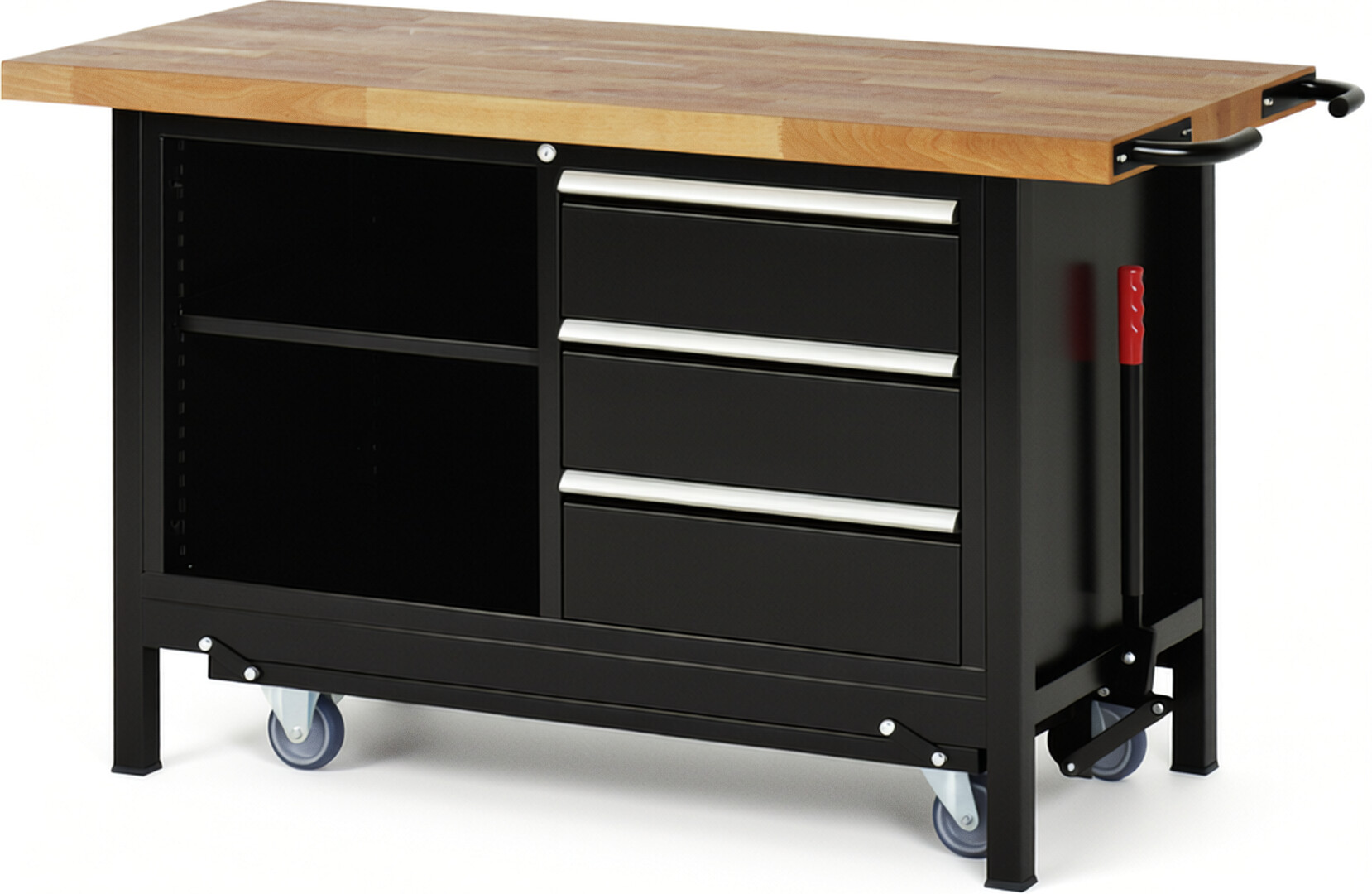 Absenkbare Werkbank Modell 8462 schwarz, BxTxH 1500x700x880 mm,  Buche-Massiv Arbeitsplatte 40 mm,  3 Schubladen mit  Vollauszug 100 % und  SoftClosing