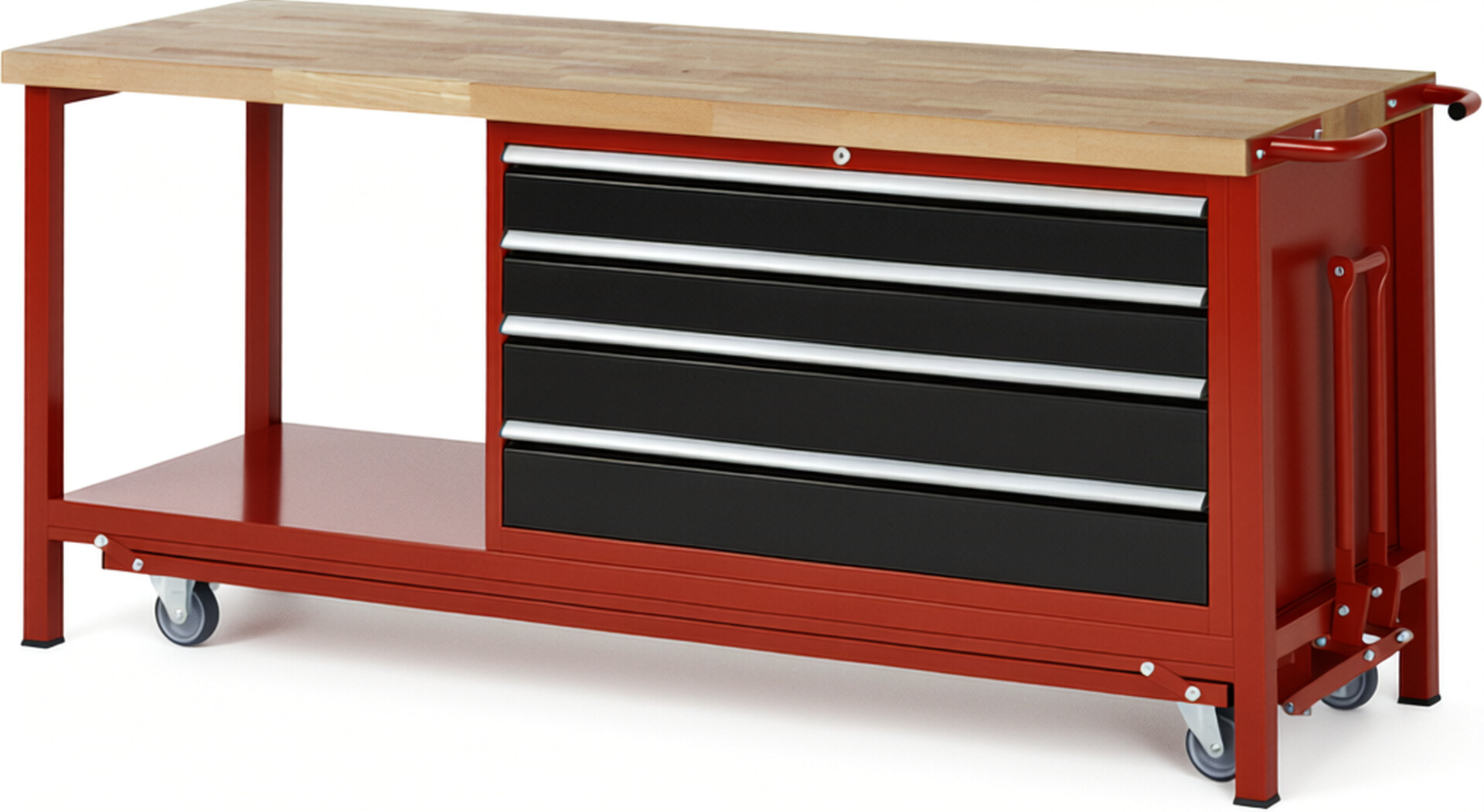 Absenkbare Werkbank Modell 8362 rot - schwarz, BxTxH 2000x700x880 mm,  Buche-Massiv Arbeitsplatte 40 mm,  4 Schubladen mit  Auszug 90 %