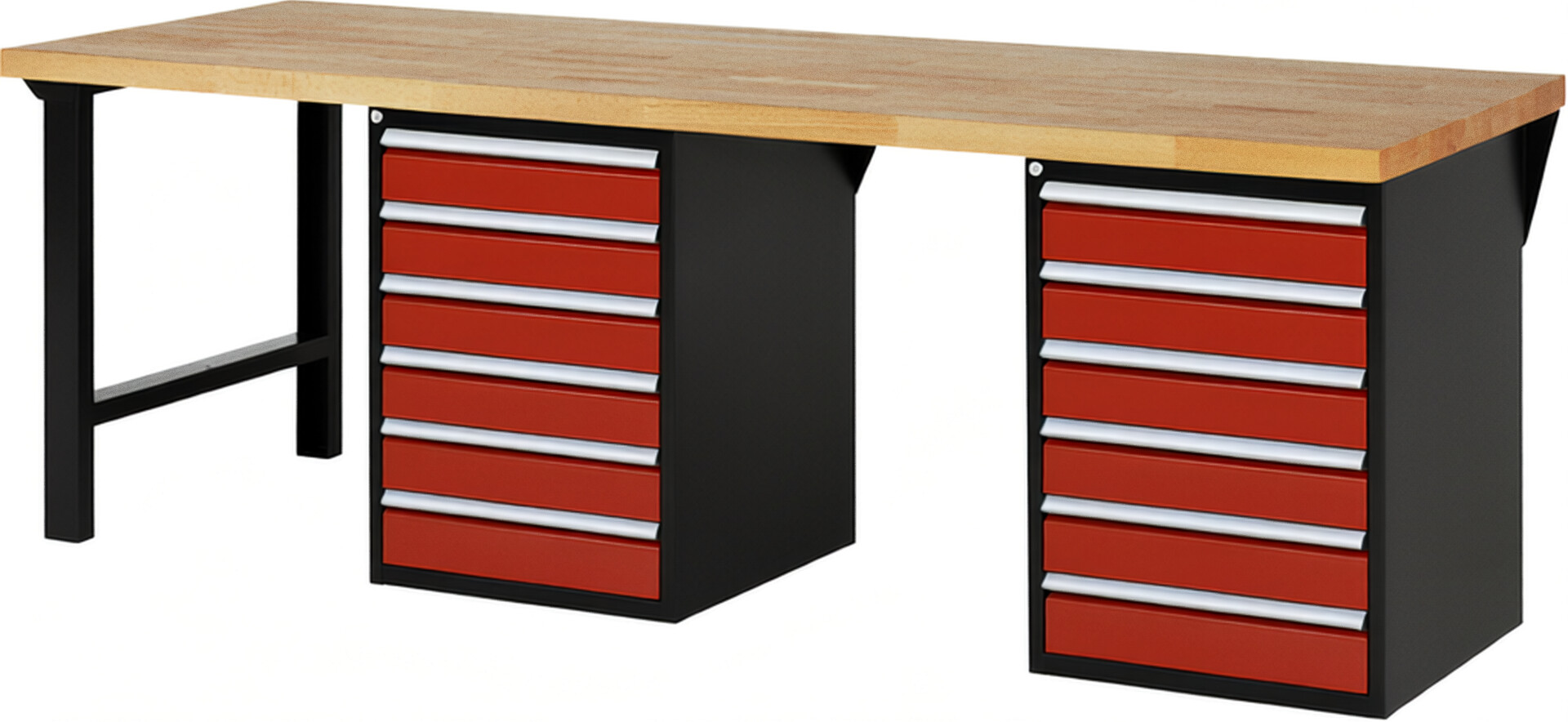 Werkbank Modell 7516 schwarz-rot, BxTxH 2500x900x840 mm,  Buche-Massiv Arbeitsplatte 40 mm,  12 Schubladen mit  Auszug 90 %