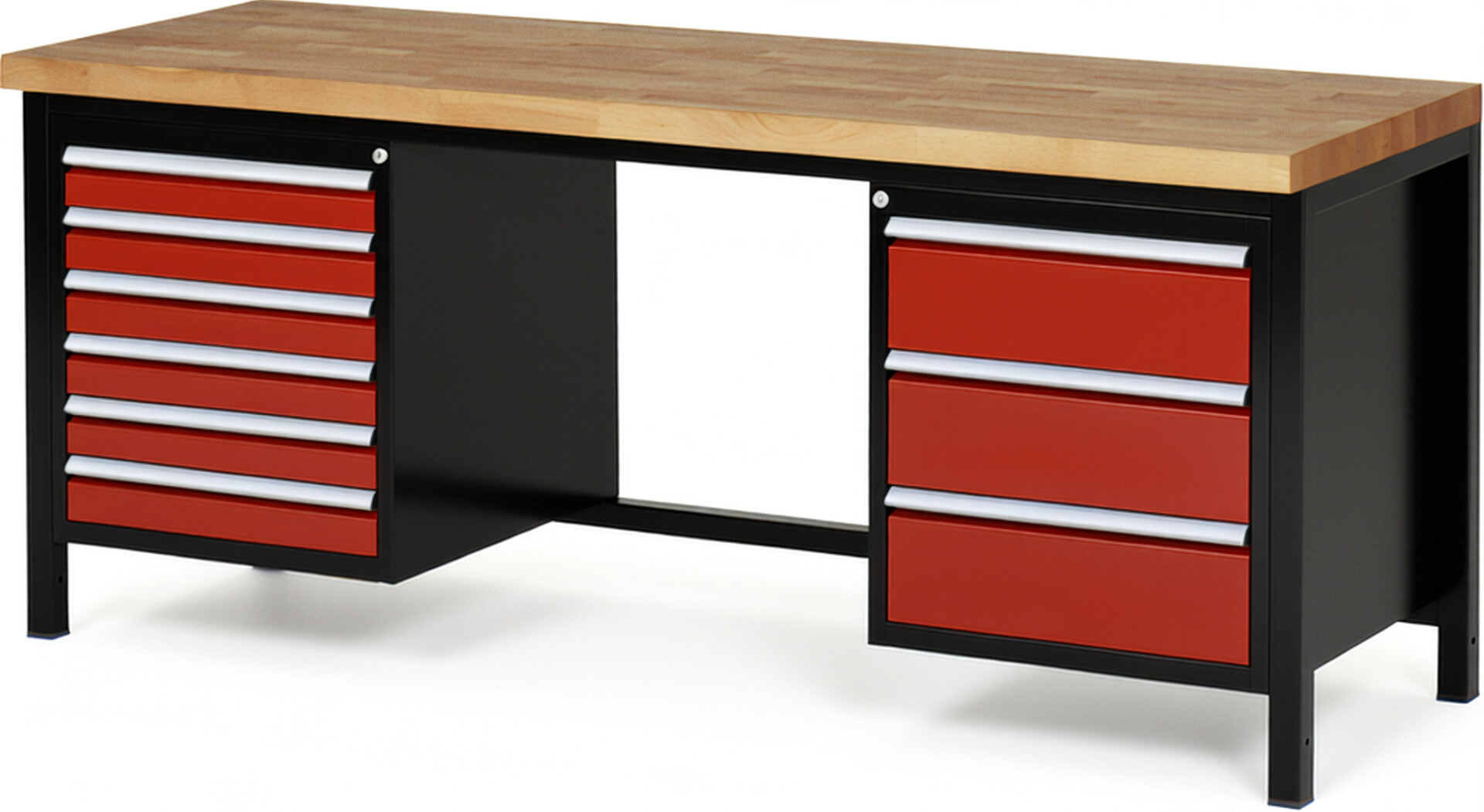 RAU Werkbank schwarz - rot - Breite 200 cm - Tiefe 70 cm - Höhe 104 cm - Buche-Massiv Arbeitsplatte 40 mm