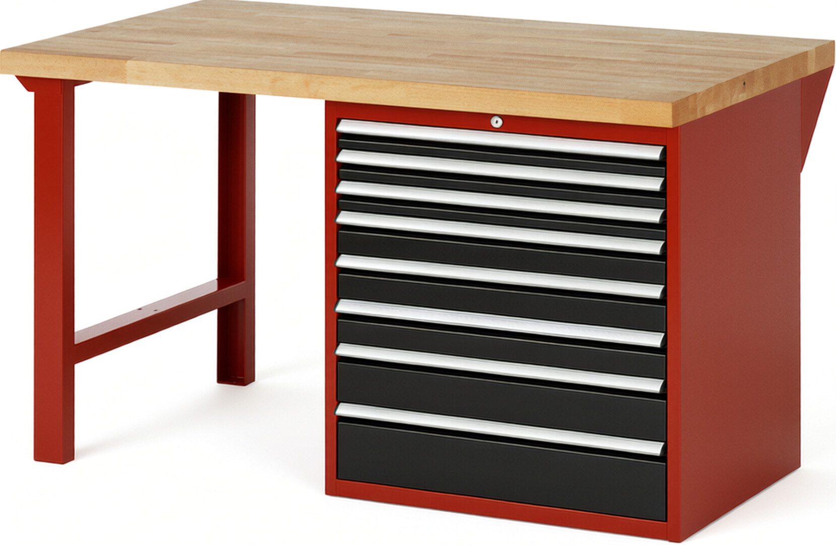 RAU Werkbank rot - schwarz - Breite 150 cm - Tiefe 90 cm - Höhe 84 cm - Buche-Massiv Arbeitsplatte 40 mm