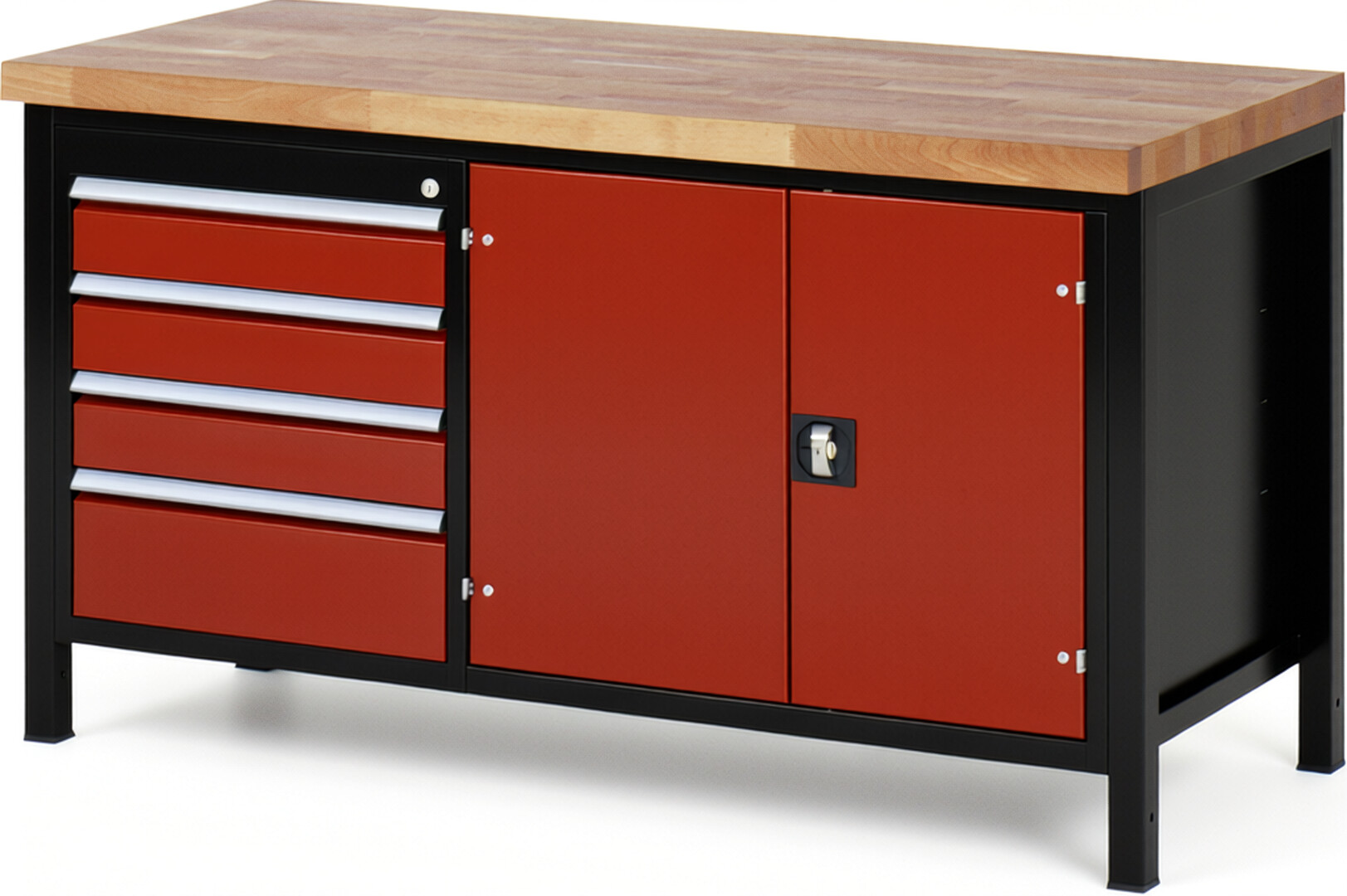 Werkbank Modell 8905 schwarz-rot, BxTxH 1500x700x840 mm,  Buche-Massiv Arbeitsplatte 40 mm,  4 Schubladen mit  Vollauszug 100 % und  SoftClosing