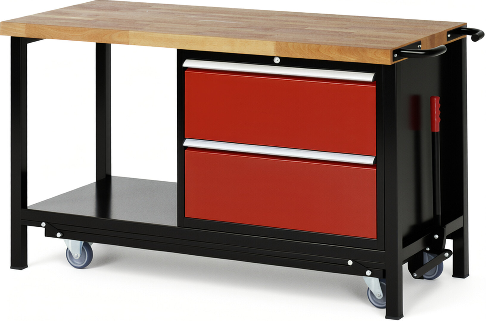 RAU Werkbank schwarz - rot - Breite 150 cm - Tiefe 70 cm - Höhe 88 cm - Buche-Massiv Arbeitsplatte 40 mm