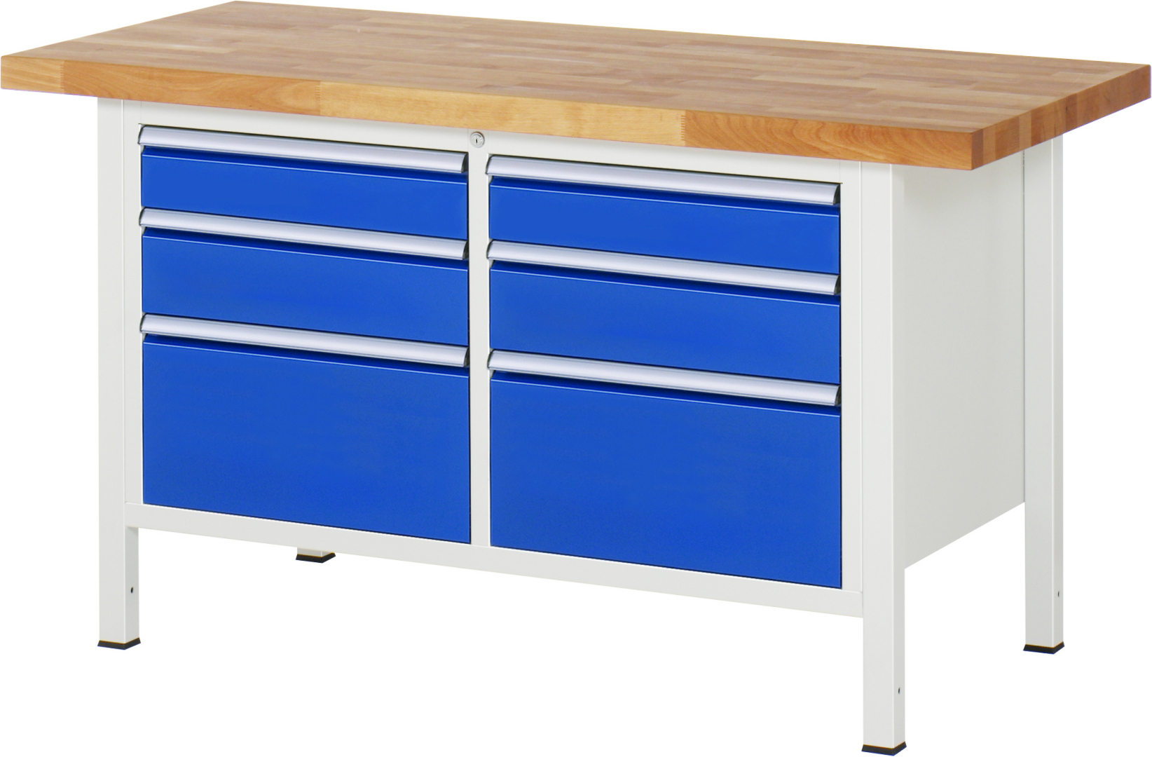 Werkbank Modell 8475 schwarz, BxTxH 1500x700x840 mm,  Buche-Massiv Arbeitsplatte 40 mm,  6 Schubladen mit  Vollauszug 100 % und  SoftClosing