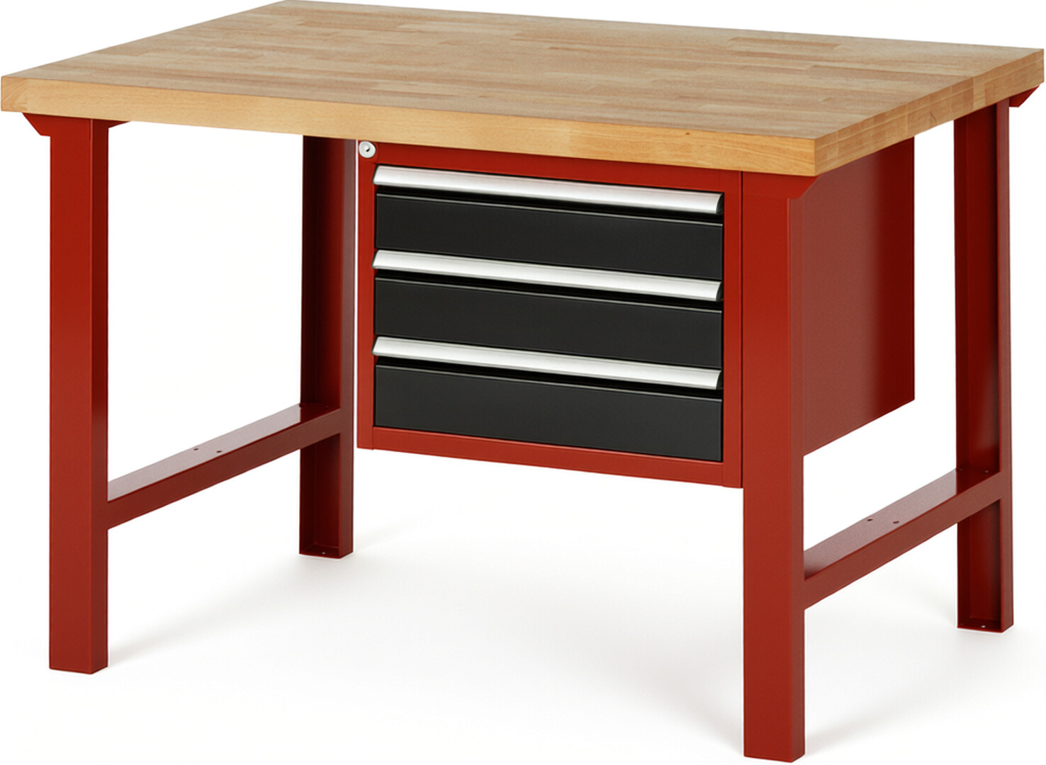Werkbank Modell 7127 rot - schwarz, BxTxH 1250x900x840 mm,  Buche-Massiv Arbeitsplatte 40 mm,  3 Schubladen mit  Vollauszug 100 % und  SoftClosing