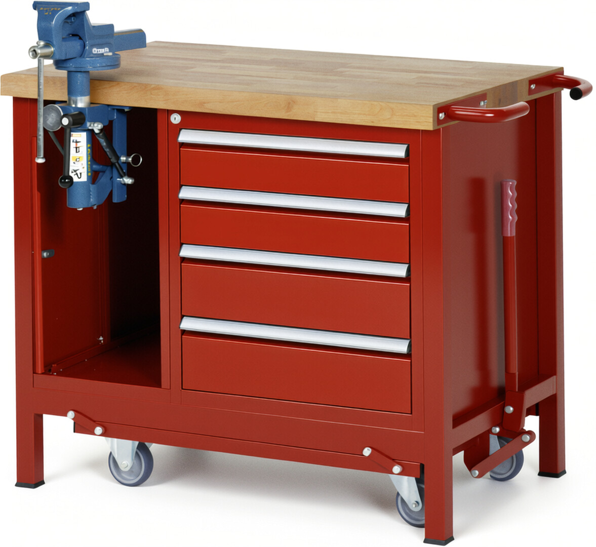 RAU Werkbank rot - Breite 100 cm - Tiefe 70 cm - Höhe 88 cm - Buche-Massiv Arbeitsplatte 40 mm