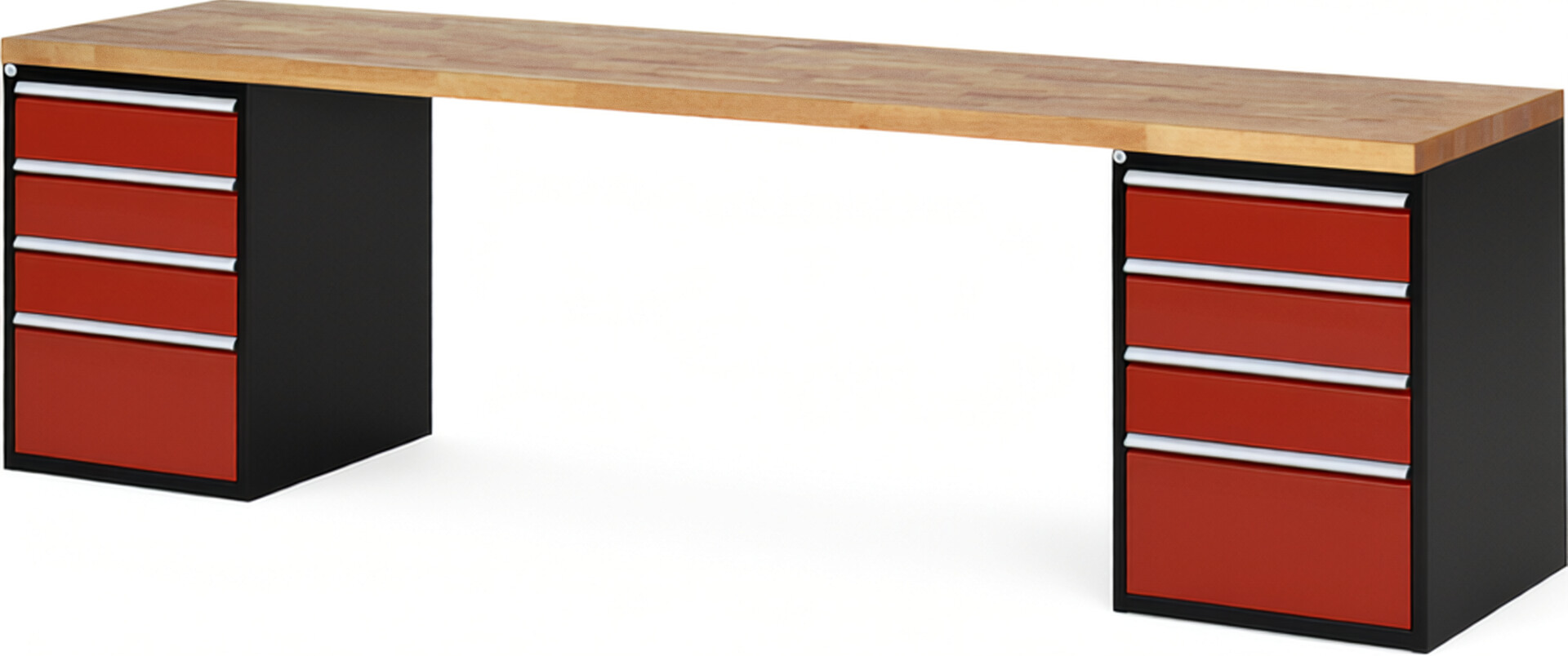 RAU Werkbank schwarz - rot - Breite 300 cm - Tiefe 70 cm - Höhe 89 cm - Buche-Massiv Arbeitsplatte 40 mm