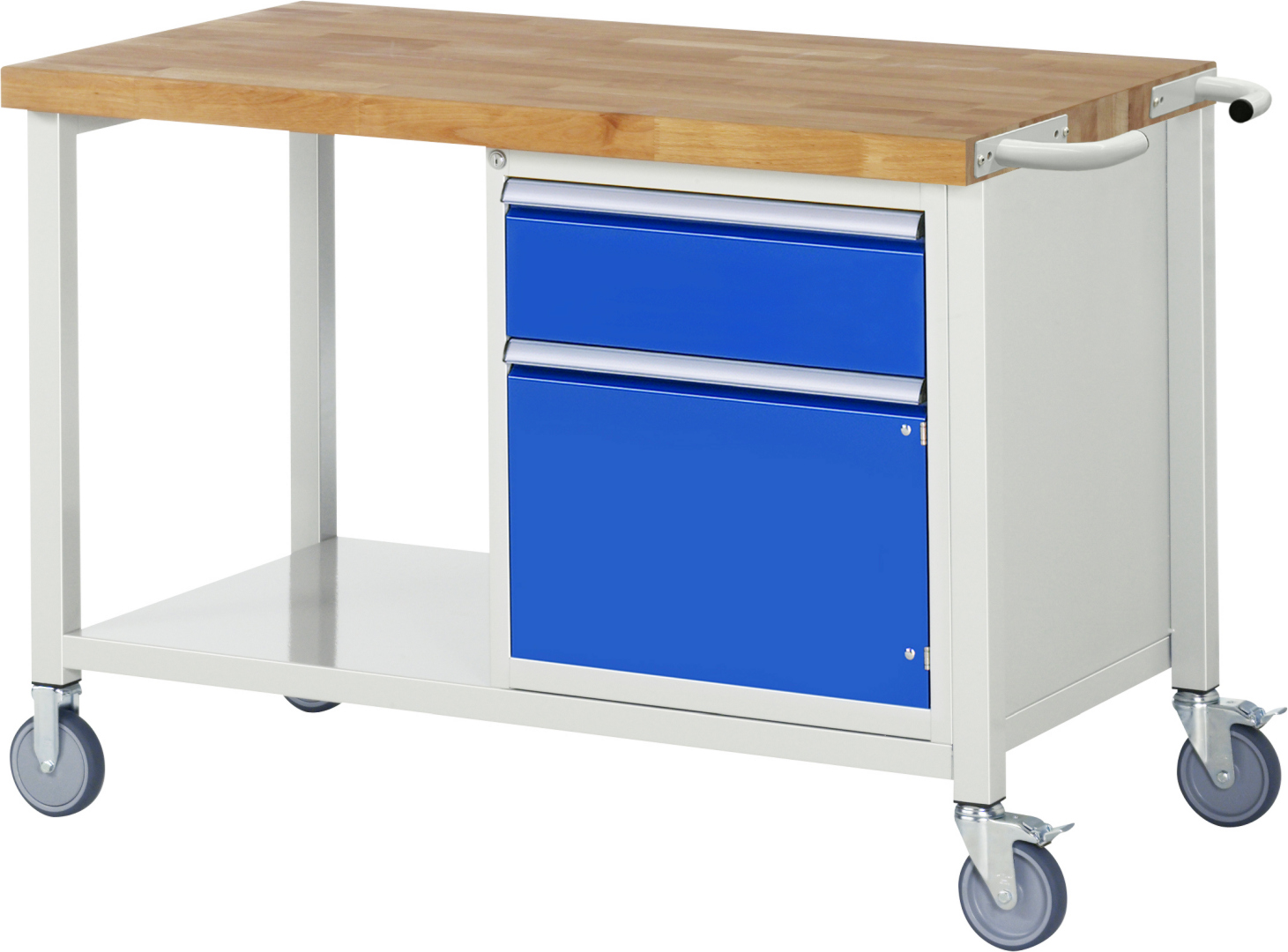 Fahrbare Werkbank Modell 8152 rot - schwarz, BxTxH 1250x700x880 mm,  Buche-Massiv Arbeitsplatte 40 mm,  1 Schublade mit  Vollauszug 100 % und  SoftClosing