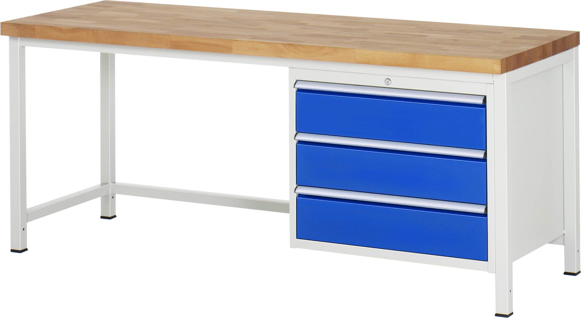 Werkbank Modell 8257 rot, BxTxH 2000x700x840-1040 mm,  Buche-Massiv Arbeitsplatte 40 mm,  3 Schubladen mit  Auszug 90 %