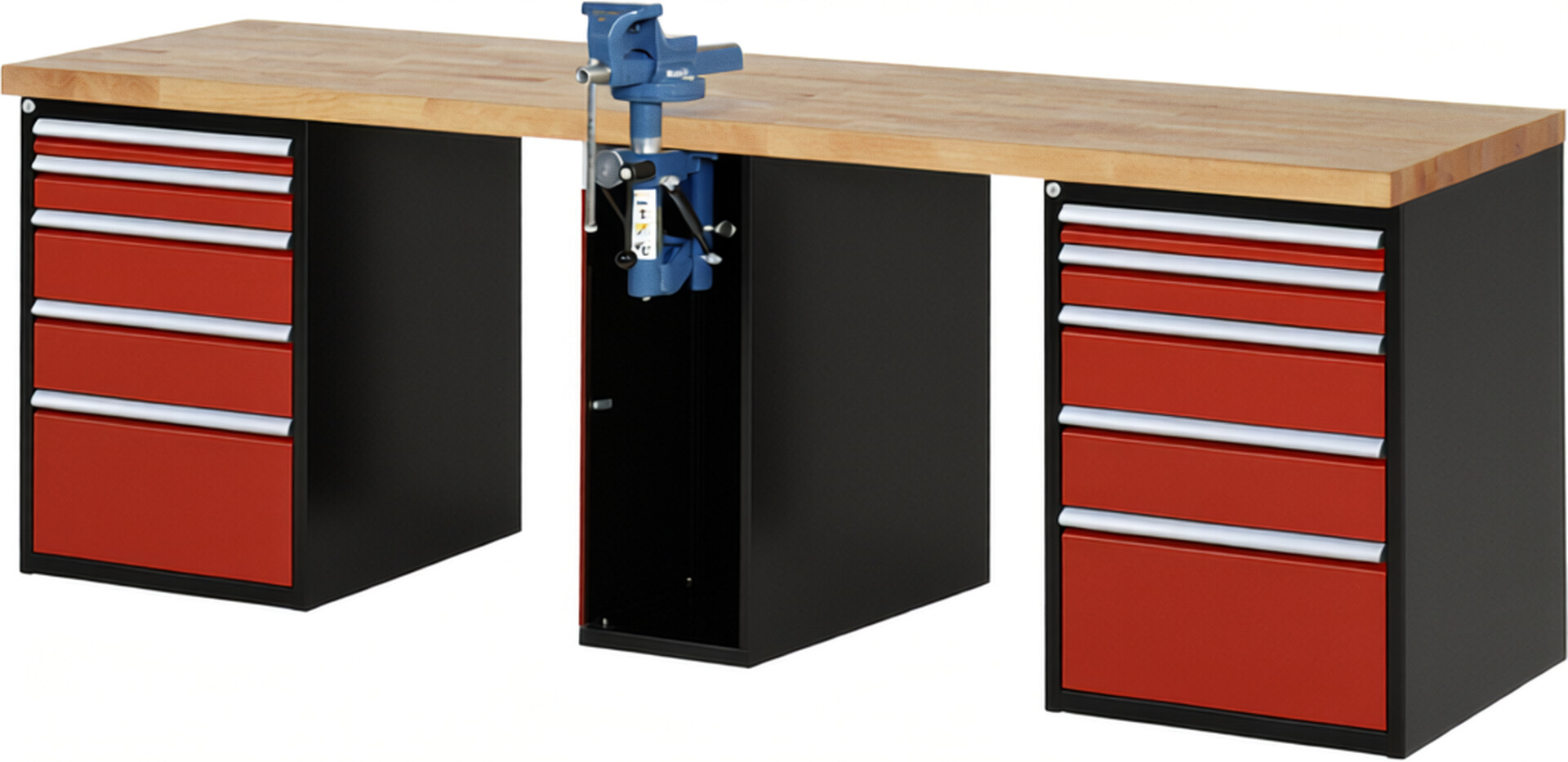 RAU Werkbank schwarz - rot - Breite 250 cm - Tiefe 70 cm - Höhe 89 cm - Buche-Massiv Arbeitsplatte 40 mm