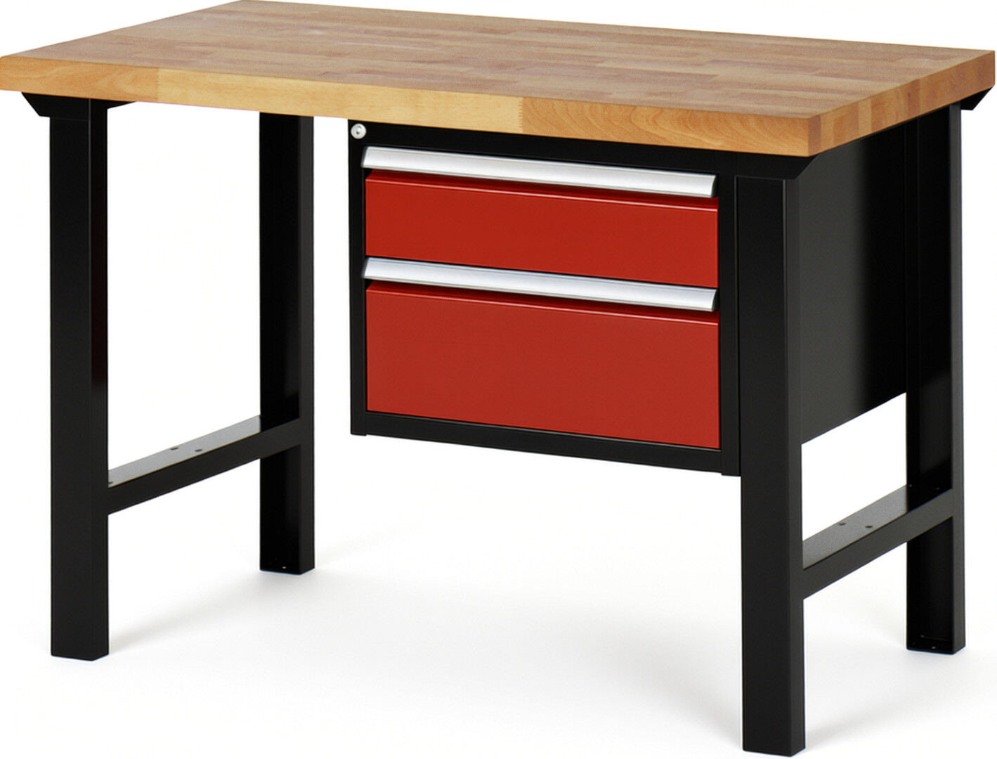 RAU Werkbank schwarz - rot - Breite 125 cm - Tiefe 70 cm - Höhe 84 cm - Buche-Massiv Arbeitsplatte 40 mm