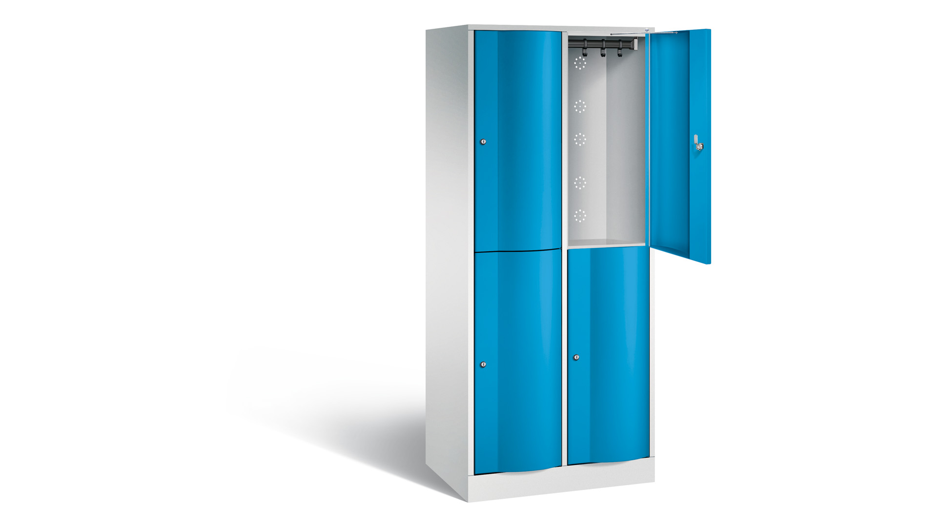 Schließfachschrank, vandalismussicher, Stahl, Zylinderschloss, 4 Fächer (2 x 2), Türfarbe lichtblau, 1.950 x 770 x 540 mm (HxBxT)