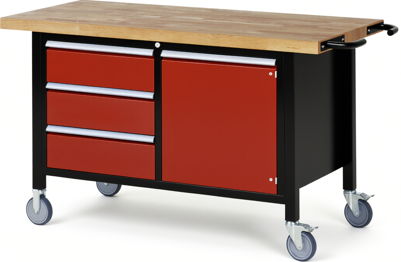 Fahrbare Werkbank Modell 8468 schwarz-rot, BxTxH 1500x700x880 mm,  Buche-Massiv Arbeitsplatte 40 mm,  3 Schubladen mit  Auszug 90 %
