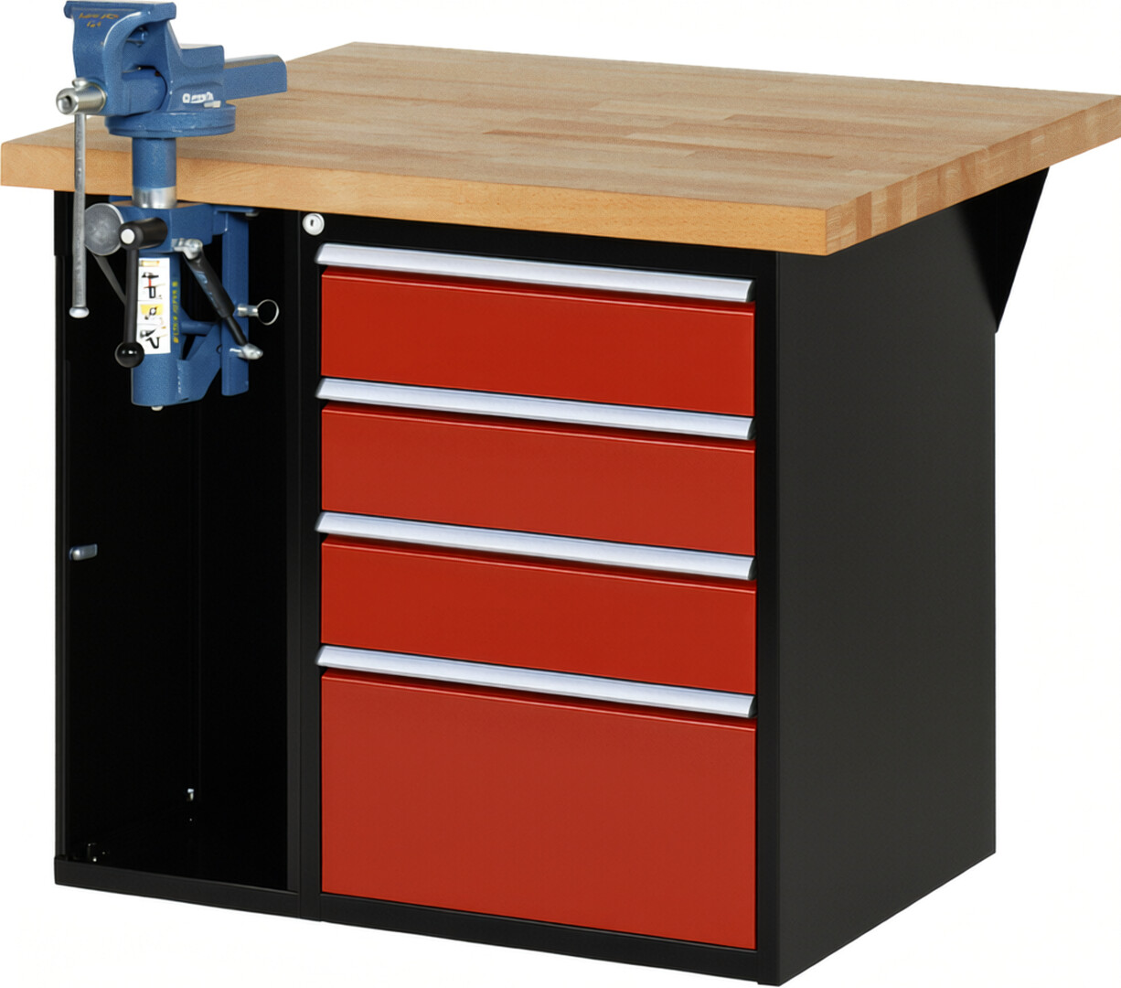 RAU Werkbank schwarz - rot - Breite 100 cm - Tiefe 90 cm - Höhe 84 cm - Buche-Massiv Arbeitsplatte 40 mm