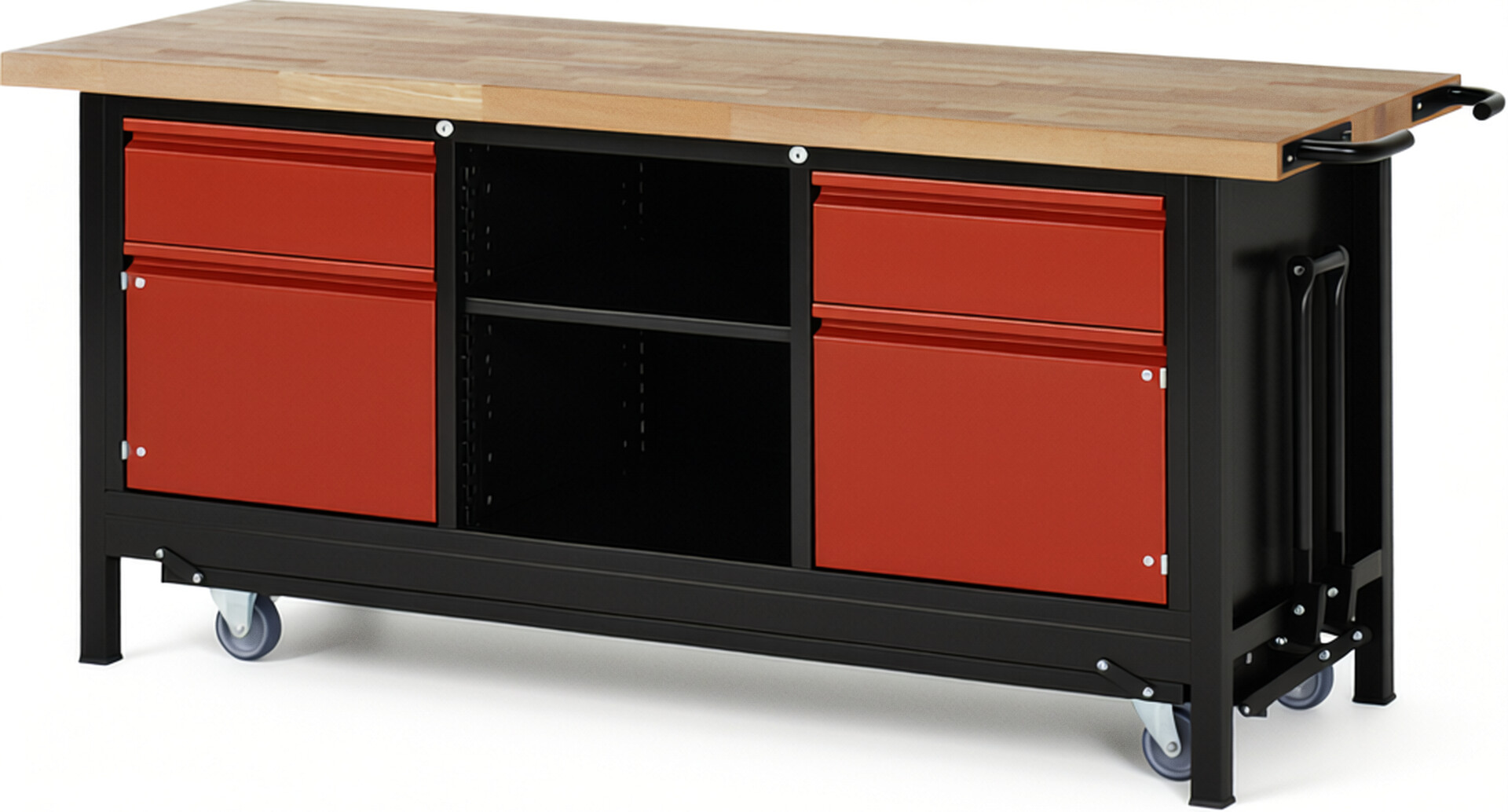 RAU Werkbank schwarz - rot - Breite 200 cm - Tiefe 70 cm - Höhe 88 cm - Buche-Massiv Arbeitsplatte 40 mm