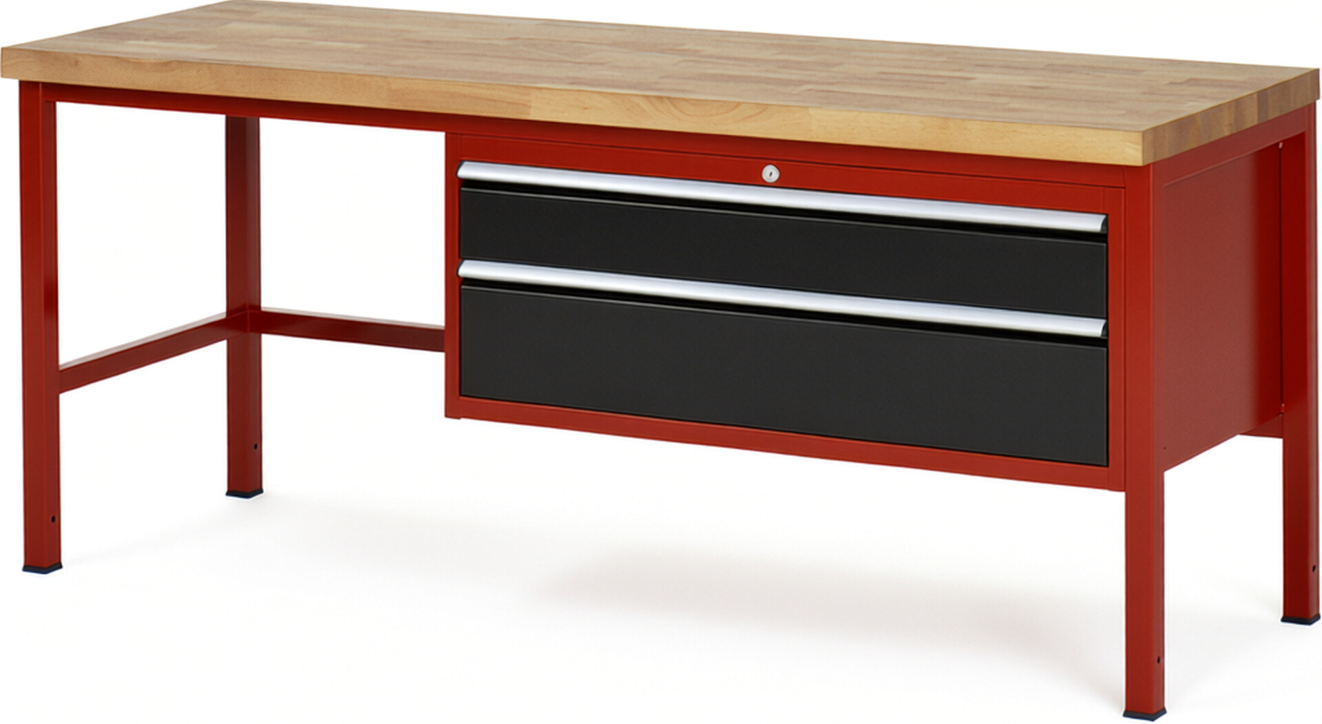 Werkbank Modell 8323 rot - schwarz, BxTxH 2000x700x840-1040 mm,  Buche-Massiv Arbeitsplatte 40 mm,  2 Schubladen mit  Vollauszug 100 % und  SoftClosing