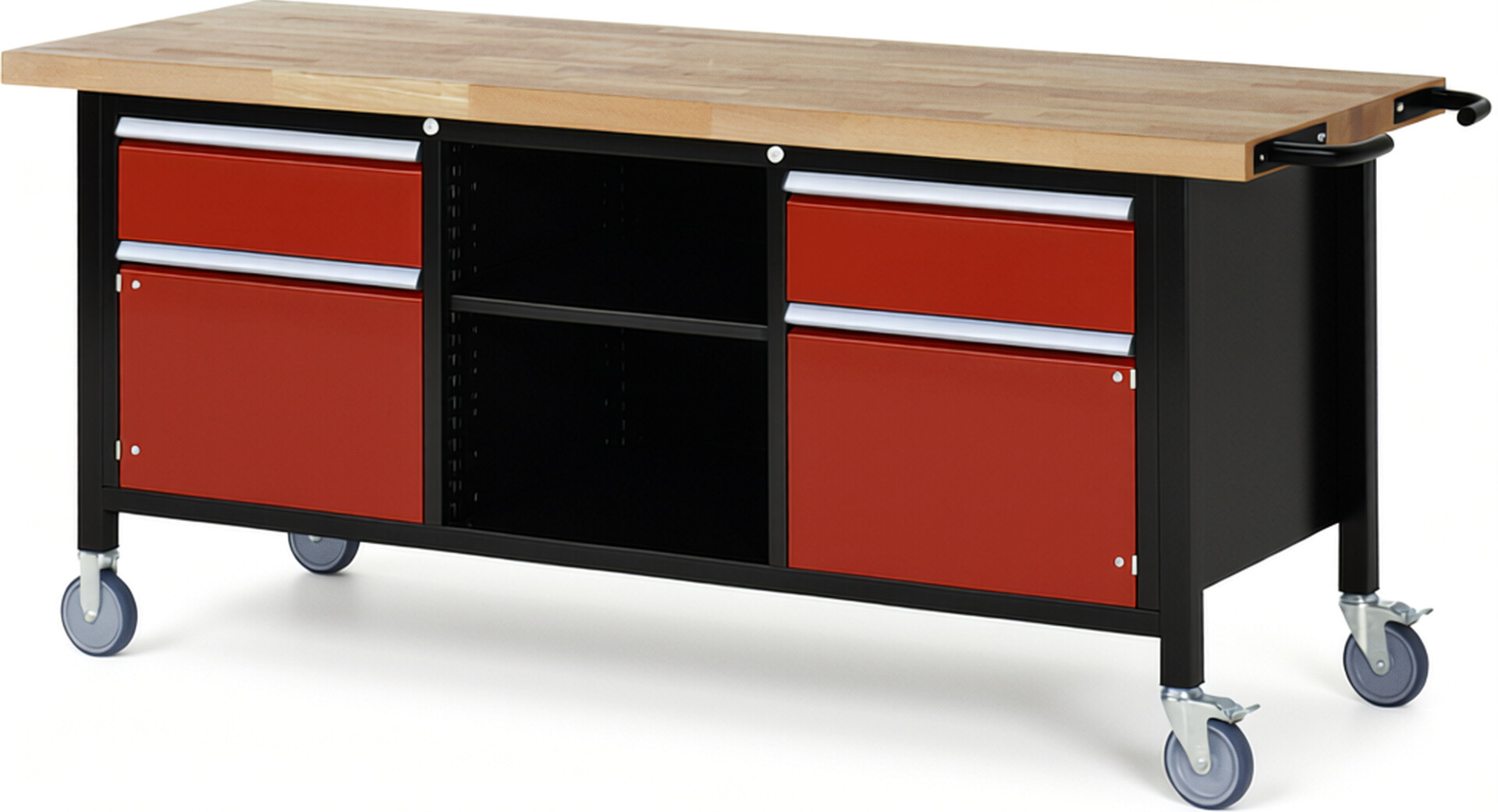 RAU Werkbank schwarz - rot - Breite 200 cm - Tiefe 70 cm - Höhe 108 cm - Buche-Massiv Arbeitsplatte 40 mm