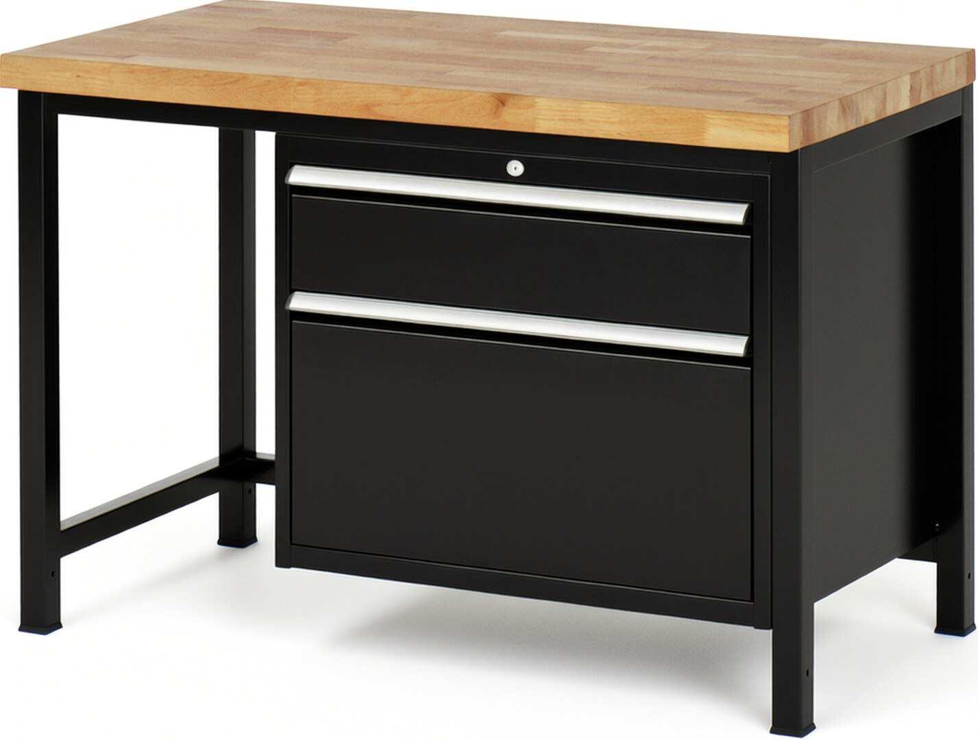 Werkbank Modell 8256 schwarz, BxTxH 1250x700x840-1040 mm,  Buche-Massiv Arbeitsplatte 40 mm,  2 Schubladen mit  Auszug 90 %