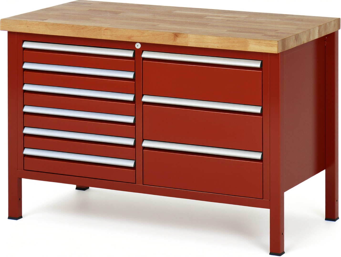 Werkbank Modell 8479 rot, BxTxH 1250x700x840 mm,  Buche-Massiv Arbeitsplatte 40 mm,  9 Schubladen mit  Auszug 90 %