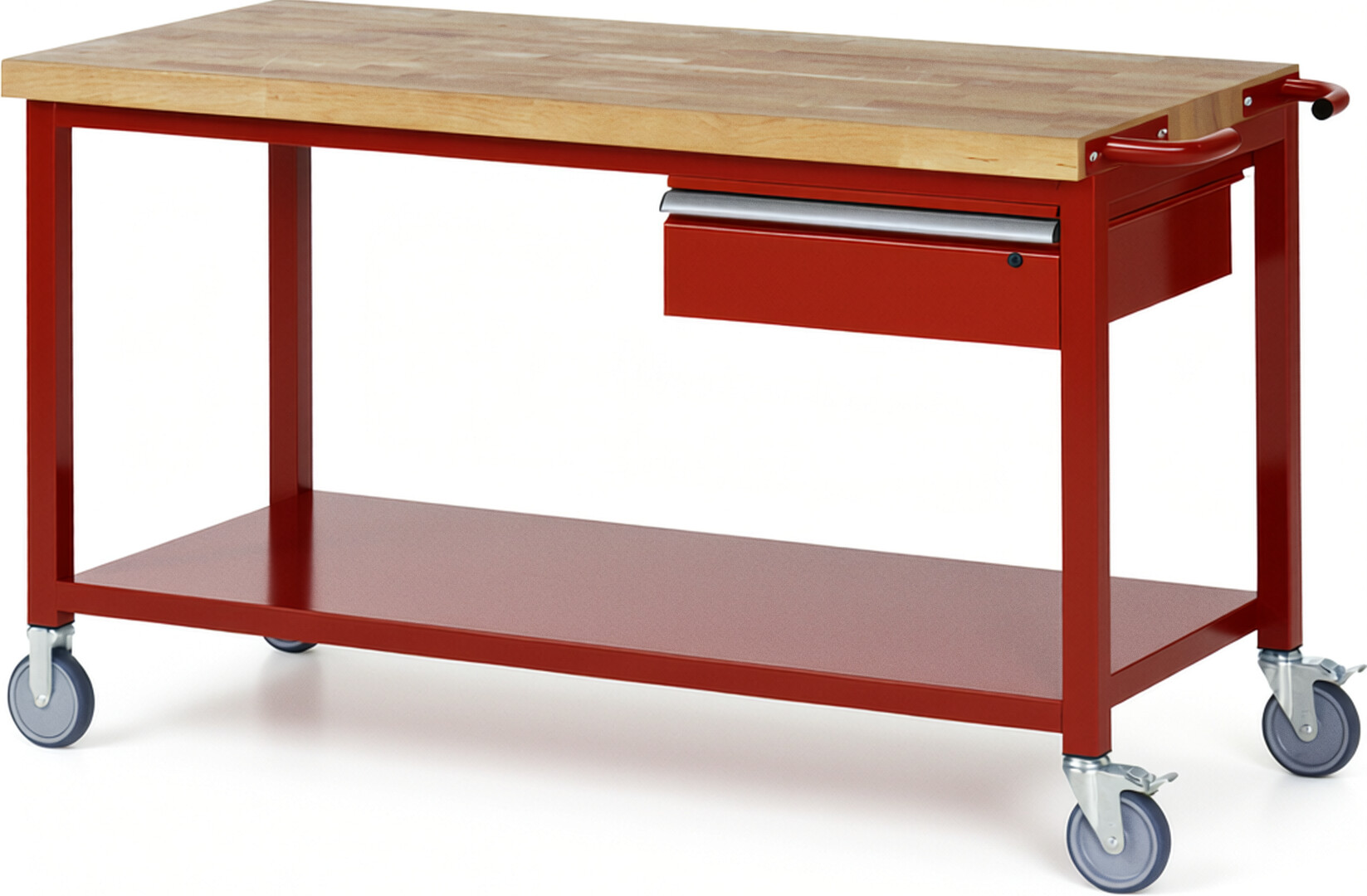 Fahrbare Werkbank Modell 8001 rot, BxTxH 1500x700x880-1080 mm,  Buche-Massiv Arbeitsplatte 40 mm,  1 Schublade mit  Auszug 90 %