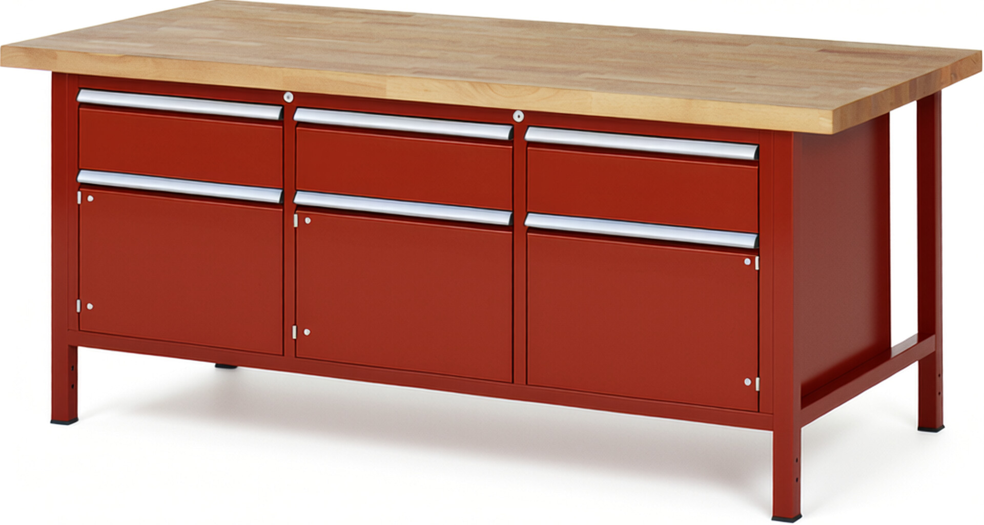 Werkbank Modell 8567 rot, BxTxH 2000x900x840-1040 mm,  Buche-Massiv Arbeitsplatte 40 mm,  3 Schubladen mit  Vollauszug 100 % und  SoftClosing