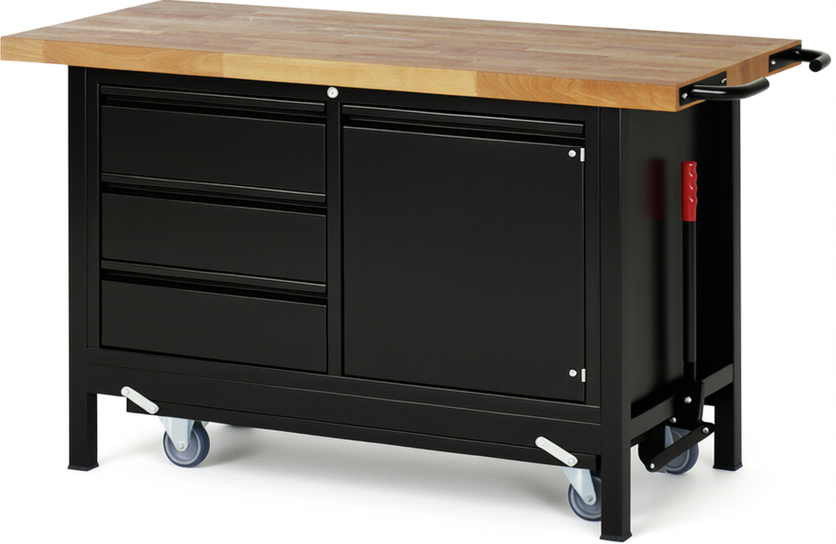 Absenkbare Werkbank - Modell 8468 BASIC schwarz, BxTxH 1500x700x880 mm,  Buche-Massiv Arbeitsplatte 40 mm,  3 Schubladen mit  Auszug 90 %