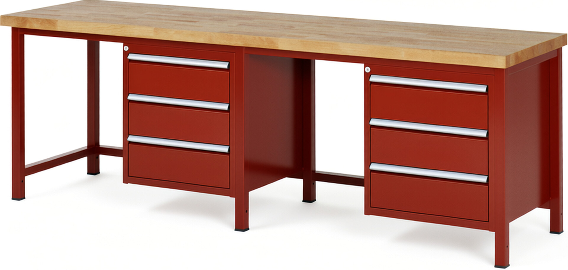 Werkbank Modell 8157 rot, BxTxH 2500x700x840 mm,  Buche-Massiv Arbeitsplatte 40 mm,  6 Schubladen mit  Auszug 90 %