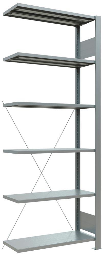 Lagerregal, Steckregal, Anbaufeld, verzinkt, 6 Fachböden, ohne Anschlagleiste, Fachlast 85 kg, BxTxH 750x300x2000 mm