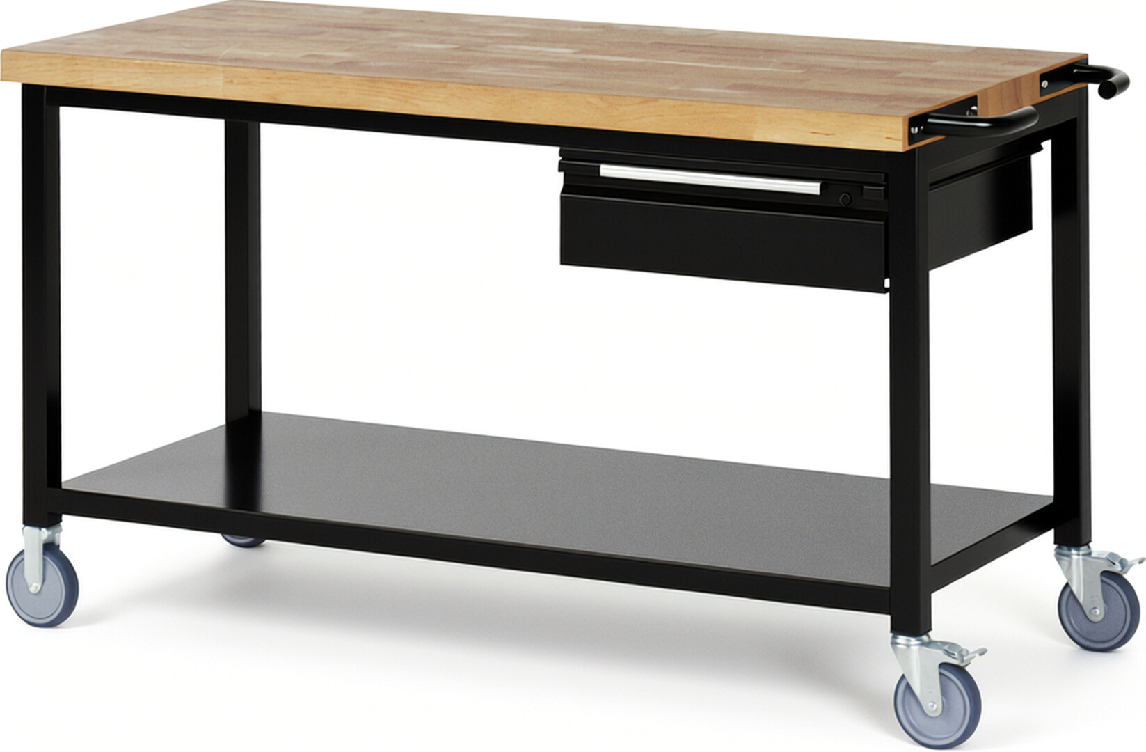 Fahrbare Werkbank - Modell 8001 BASIC schwarz, BxTxH 1500x700x880 mm,  Buche-Massiv Arbeitsplatte 40 mm,  1 Schublade mit  Auszug 90 %