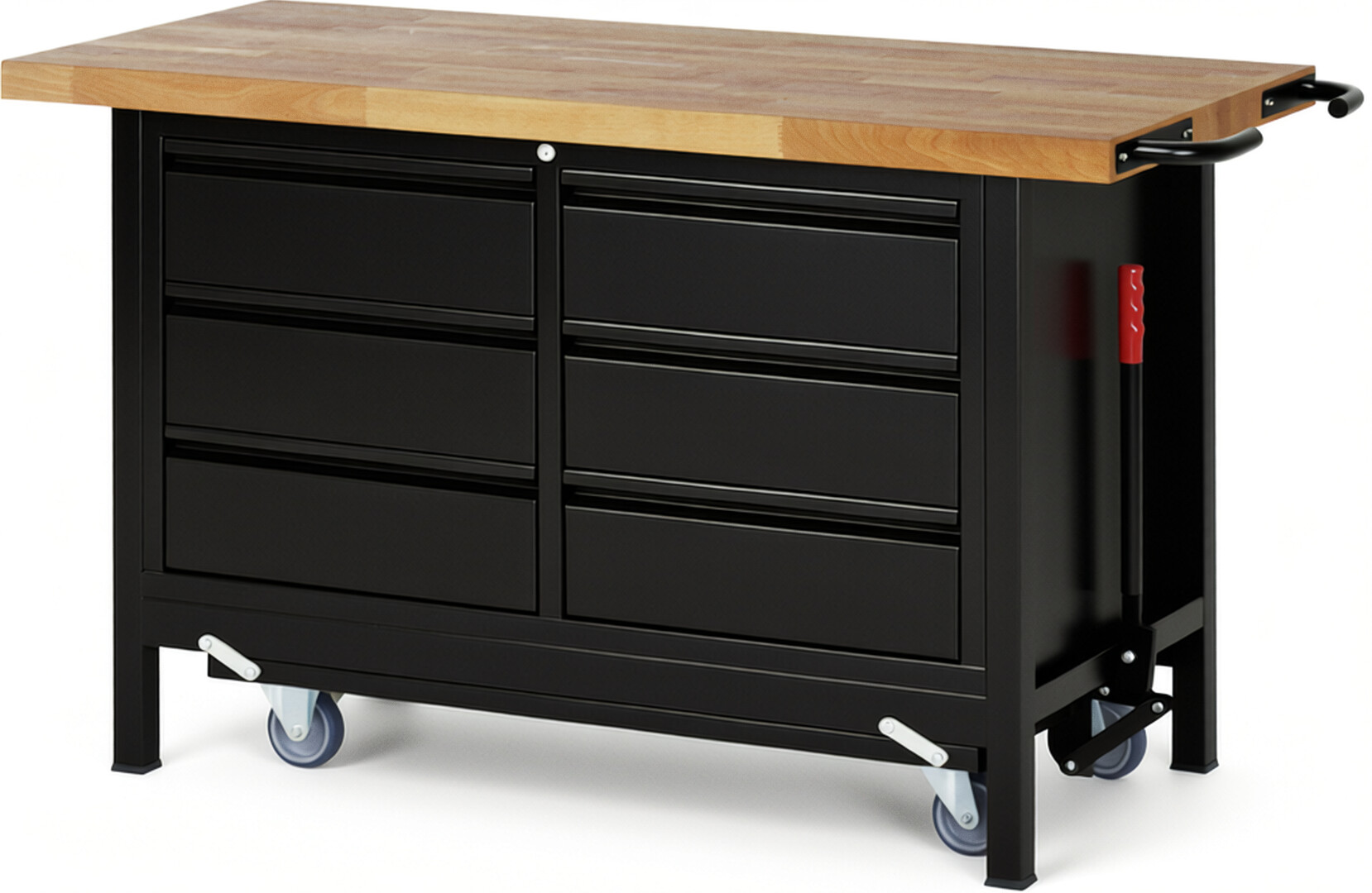 Absenkbare Werkbank - Modell 8473 BASIC schwarz, BxTxH 1500x700x880 mm,  Buche-Massiv Arbeitsplatte 40 mm,  6 Schubladen mit  Auszug 90 %