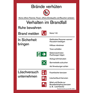 Hinweisschild, Aushang Brände verhüten-Verhalten im Brandfall, Kunststoff langnachleuchtend, 210x297 mm