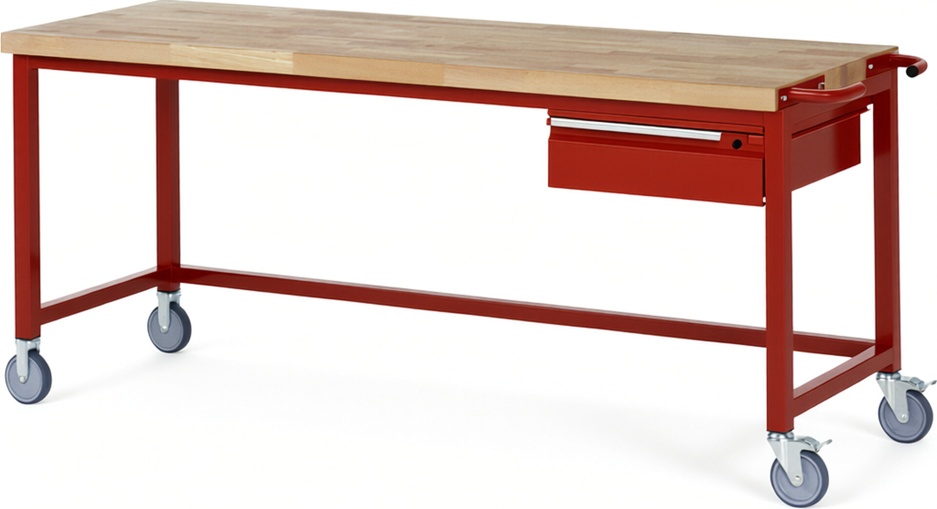 Fahrbare Werkbank - Modell 8001 BASIC rot, BxTxH 2000x700x880 mm,  Buche-Massiv Arbeitsplatte 40 mm,  1 Schublade mit  Auszug 90 %