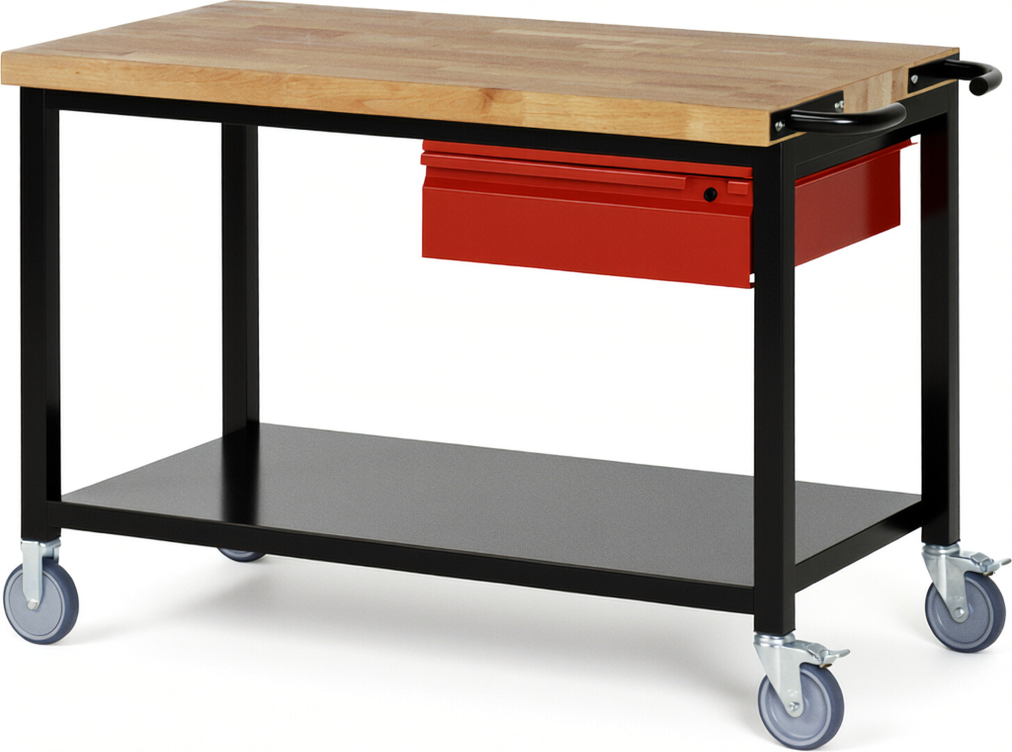 RAU Werkbank schwarz - rot - Breite 125 cm - Tiefe 70 cm - Höhe 88 cm - Buche-Massiv Arbeitsplatte 40 mm