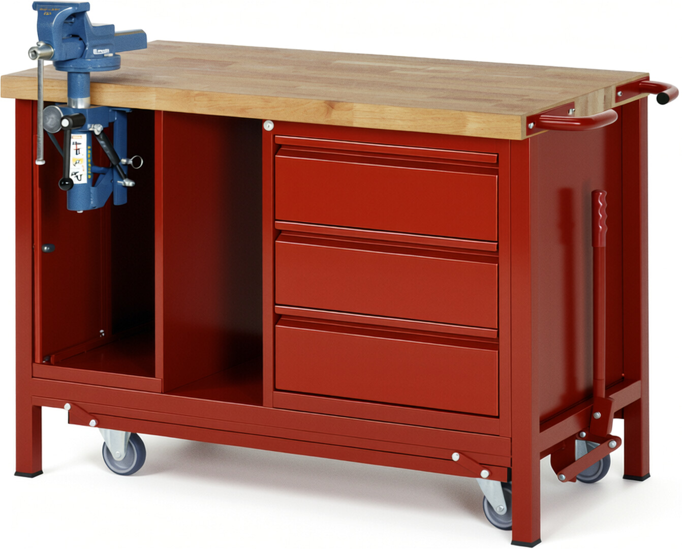 Absenkbare Werkbank - Modell 8183 BASIC rot, BxTxH 1250x700x880 mm,  Buche-Massiv Arbeitsplatte 40 mm,  3 Schubladen mit  Auszug 90 %