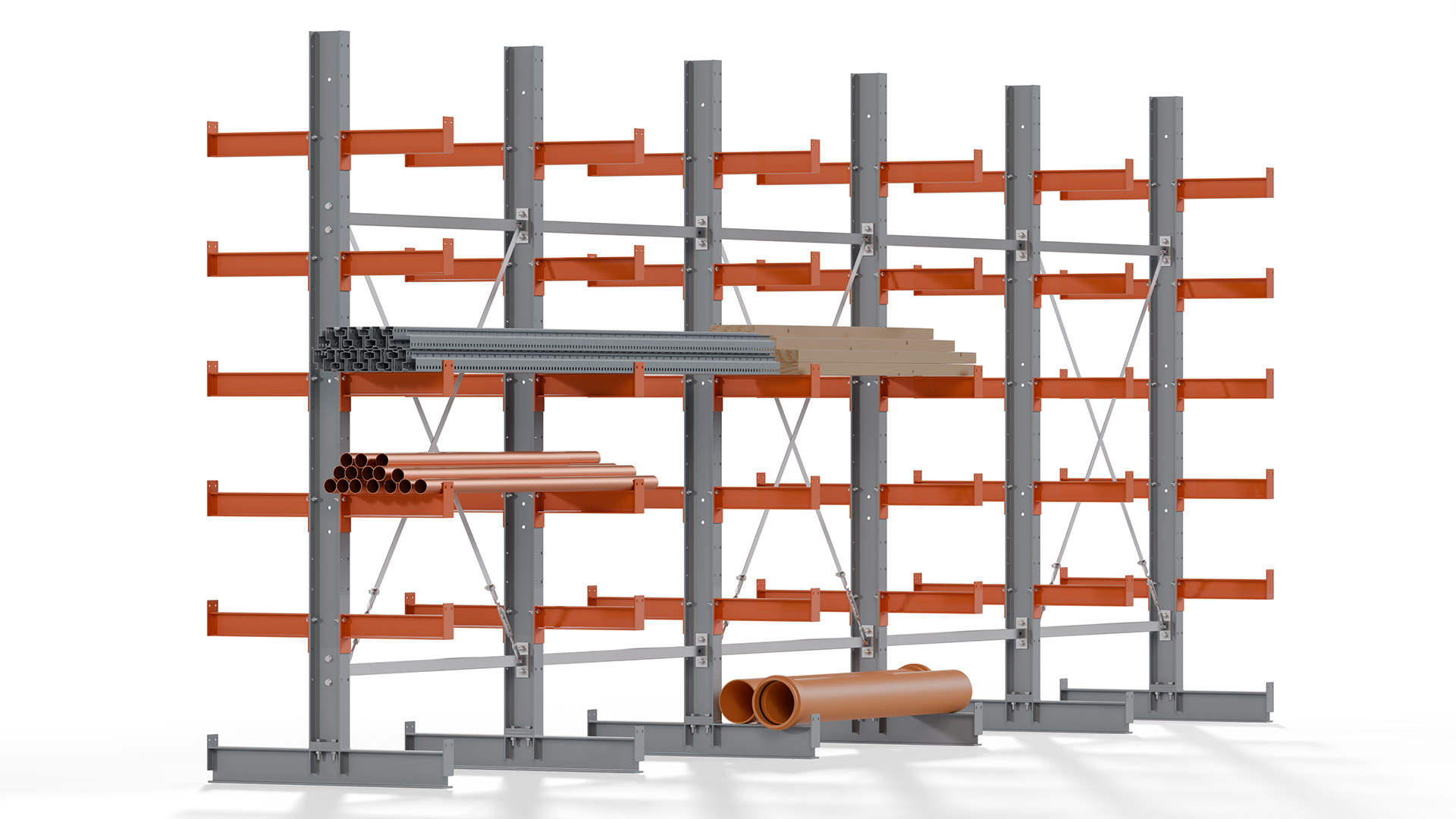 Kragarmregal KARL basic - lackiert - Breite: 640 cm - Höhe: 250 cm - Tiefe: 40 cm - Traglast je Kragarm: 1100 kg - beidseitig