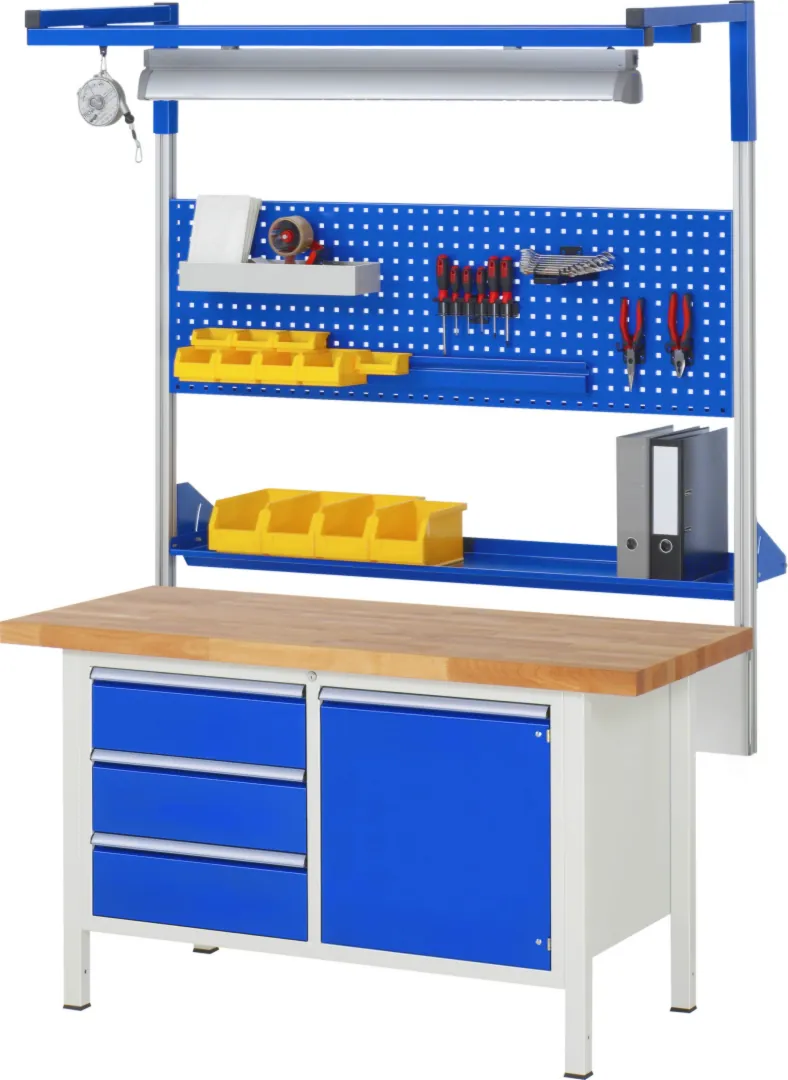 Werkbank Modell 8476 schwarz, BxTxH 1500x700x840 mm,  Buche-Massiv Arbeitsplatte 40 mm,  7 Schubladen mit  Auszug 90 %