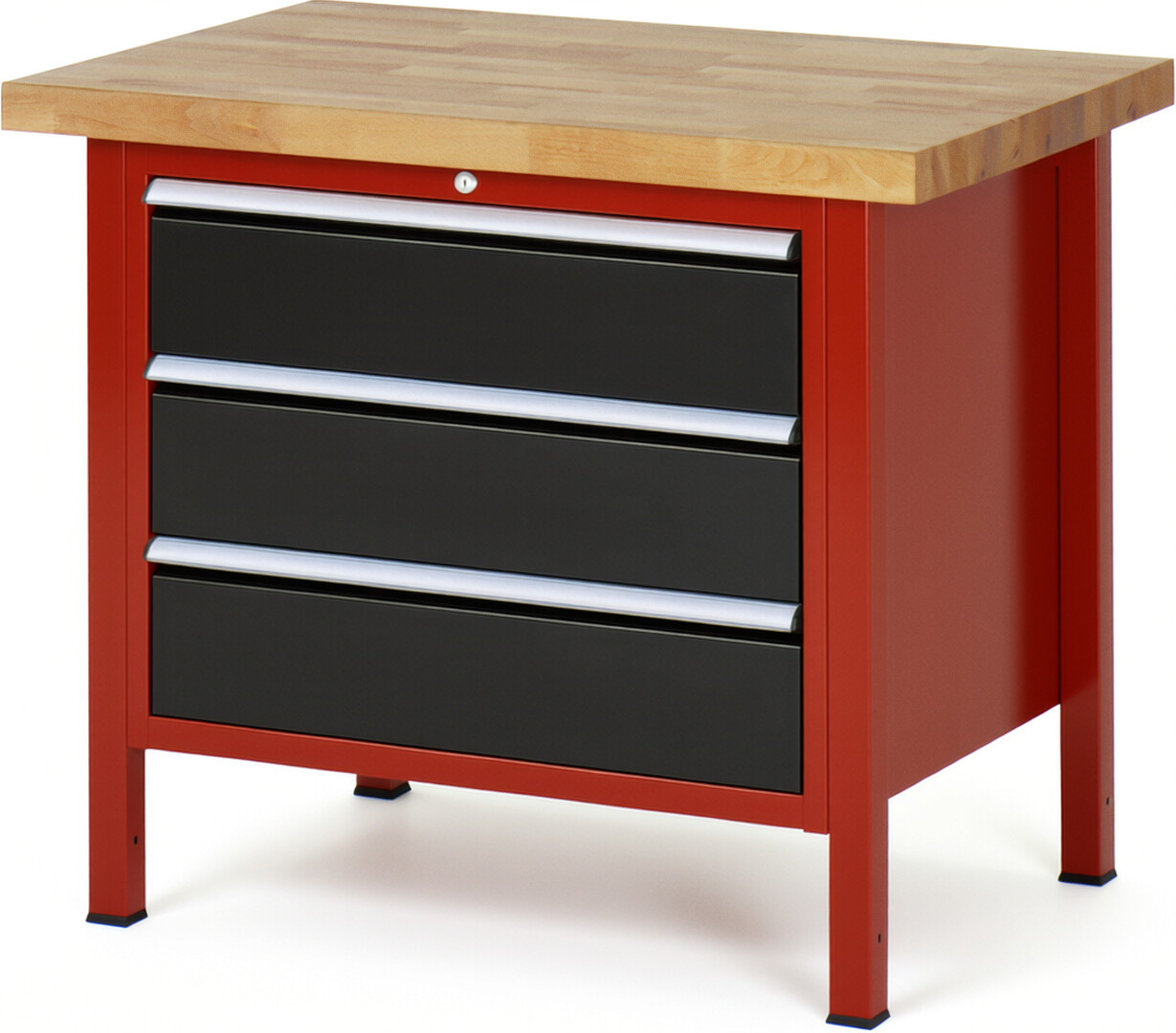 Werkbank Modell 8257 rot - schwarz, BxTxH 1000x700x840-1040 mm,  Buche-Massiv Arbeitsplatte 40 mm,  3 Schubladen mit  Vollauszug 100 % und  SoftClosing