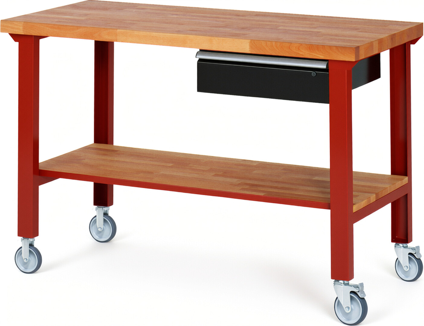 Fahrbare Werkbank Modell 7001 rot - schwarz, BxTxH 1500x700x1000 mm,  Buche-Massiv Arbeitsplatte 40 mm,  1 Schublade mit  Auszug 90 %