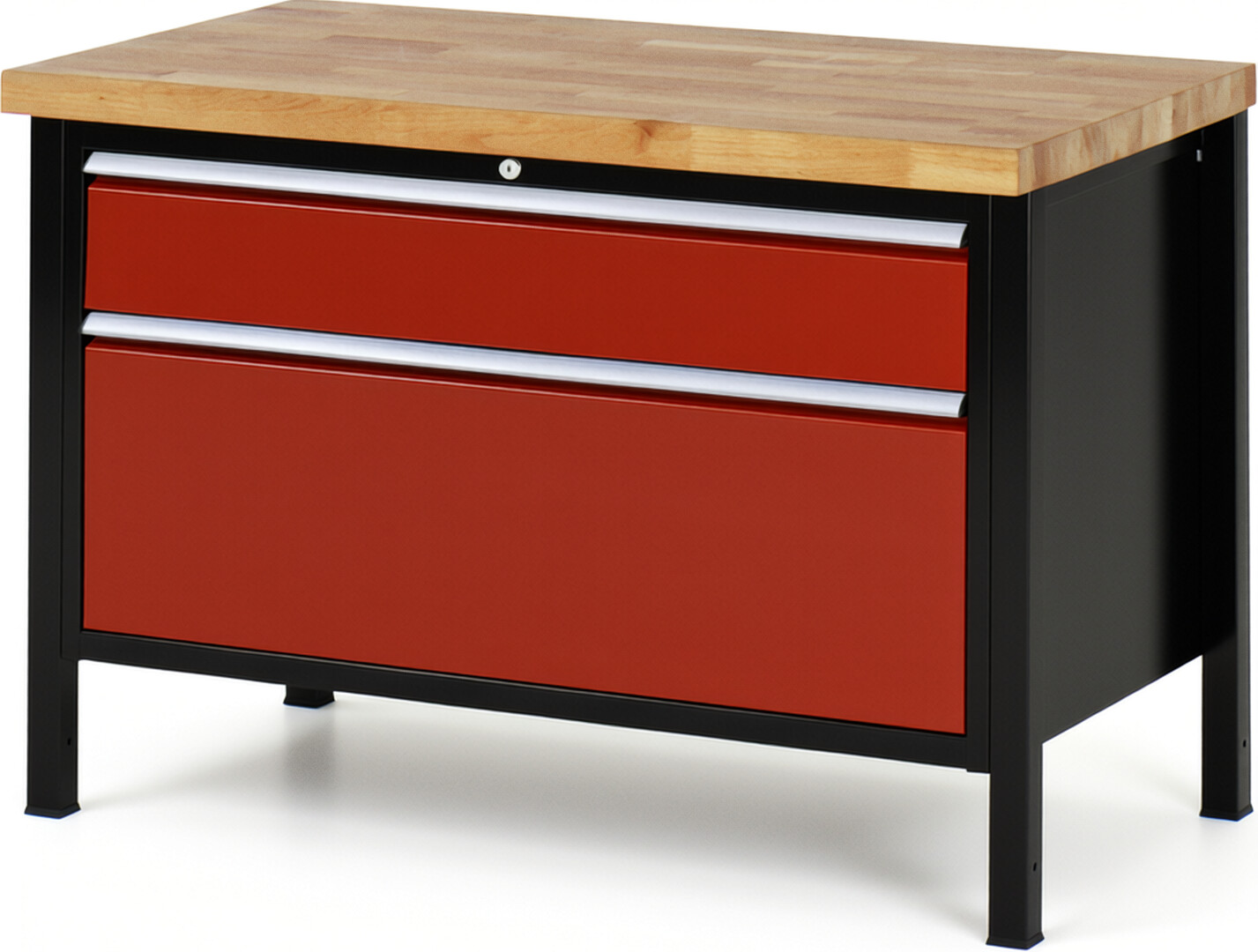 RAU Werkbank schwarz - rot - Breite 125 cm - Tiefe 70 cm - Höhe 104 cm - Buche-Massiv Arbeitsplatte 40 mm