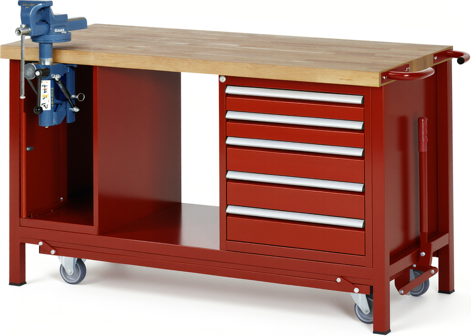 Absenkbare Werkbank Modell 8187 rot, BxTxH 1500x700x880 mm,  Buche-Massiv Arbeitsplatte 40 mm,  5 Schubladen mit  Vollauszug 100 % und  SoftClosing