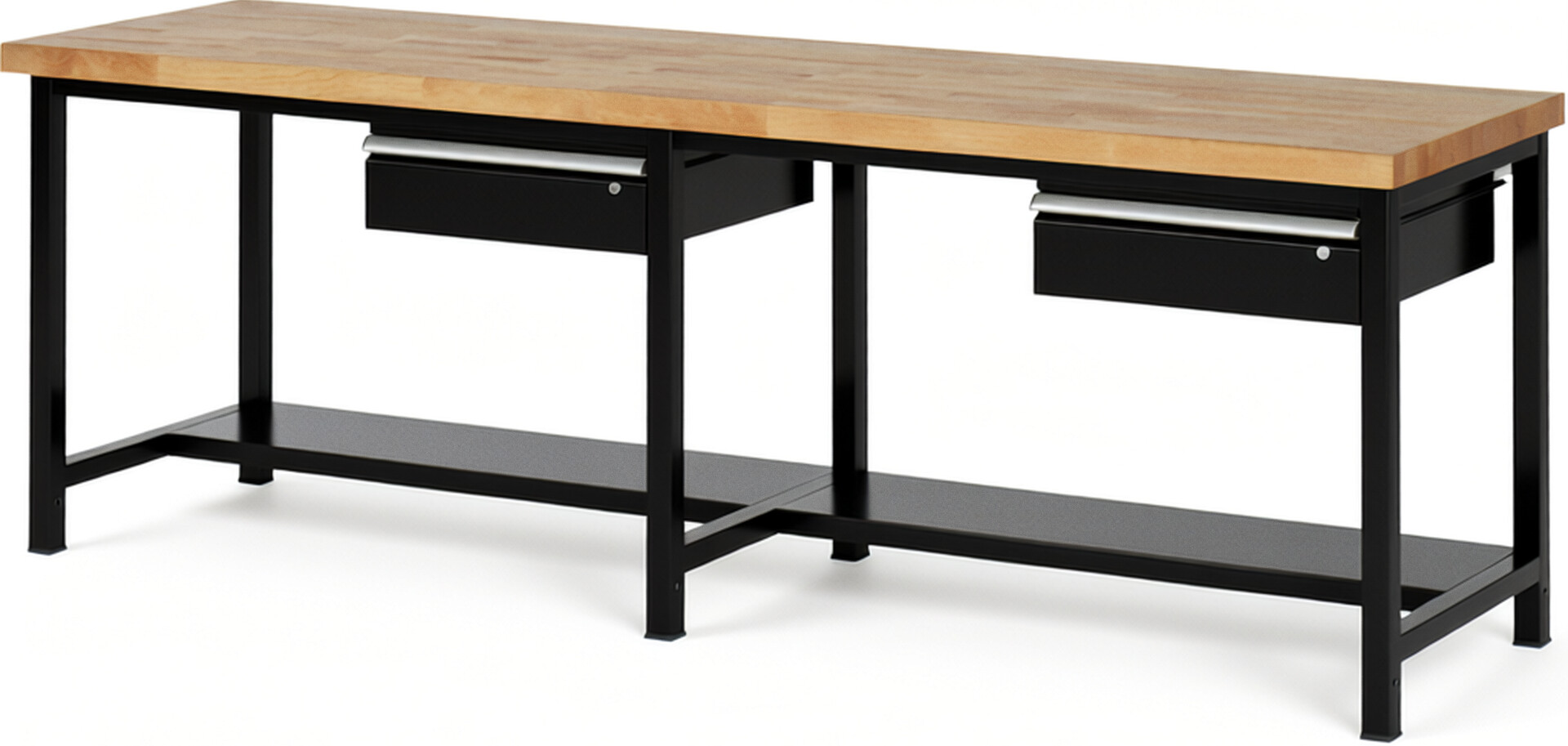 Werkbank Modell 8001 schwarz, BxTxH 2500x900x840-1040 mm,  Buche-Massiv Arbeitsplatte 40 mm,  2 Schubladen mit  Auszug 90 %