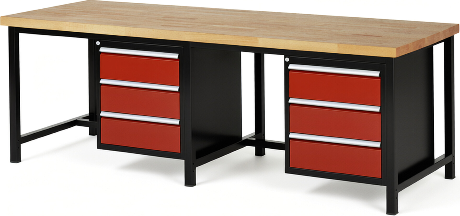 RAU Werkbank schwarz - rot - Breite 250 cm - Tiefe 90 cm - Höhe 104 cm - Buche-Massiv Arbeitsplatte 40 mm