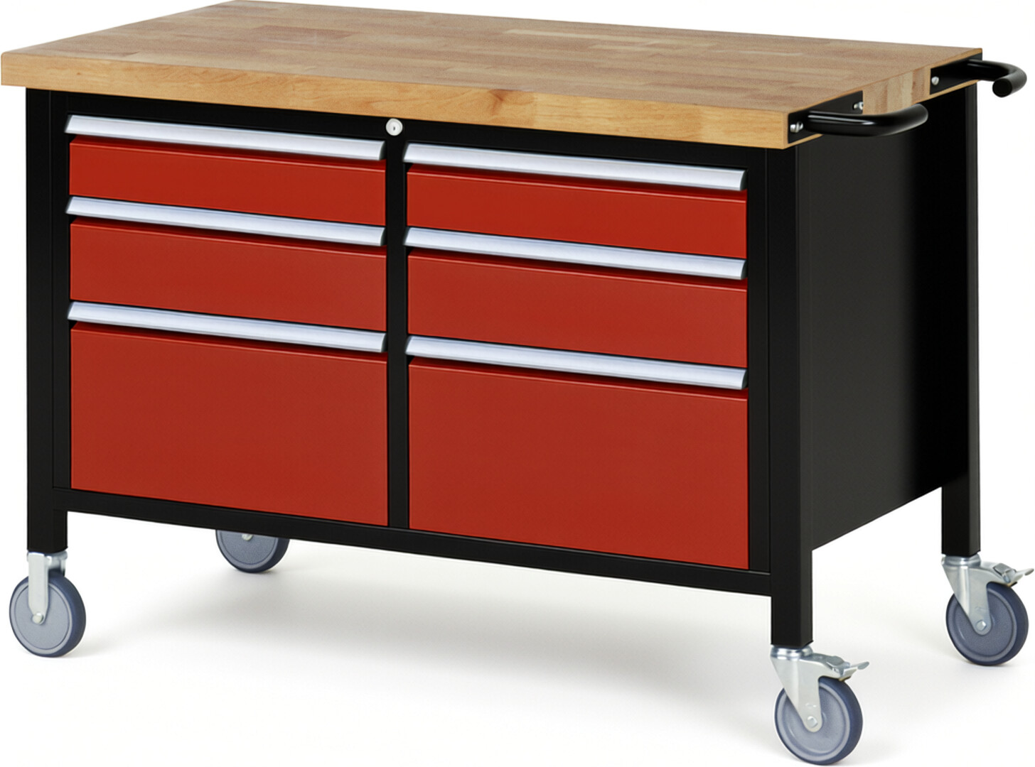 RAU Werkbank schwarz - rot - Breite 125 cm - Tiefe 70 cm - Höhe 108 cm - Buche-Massiv Arbeitsplatte 40 mm