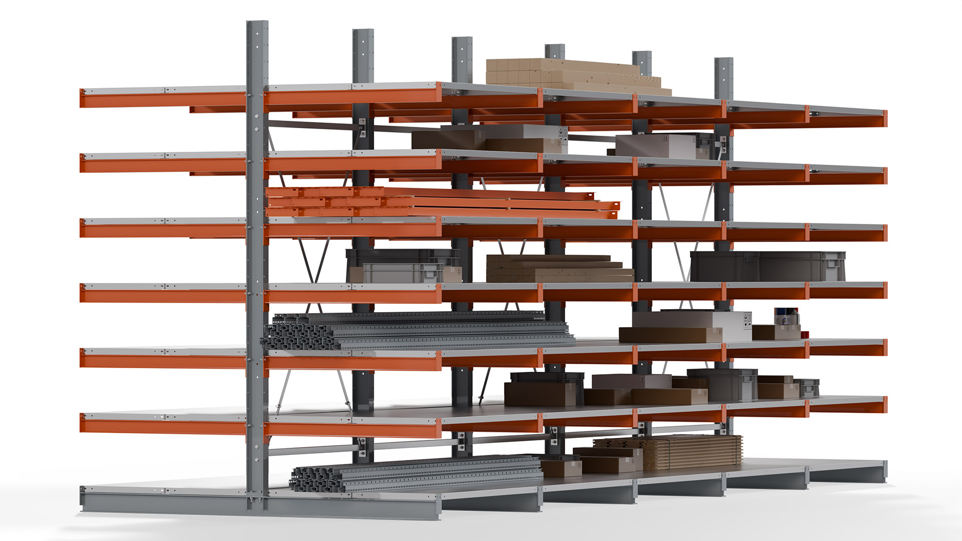 Kragarmregal KARL basic - lackiert - Breite: 640 cm - Höhe: 300 cm - Tiefe: 120 cm - Traglast je Kragarm: 370 kg - beidseitig