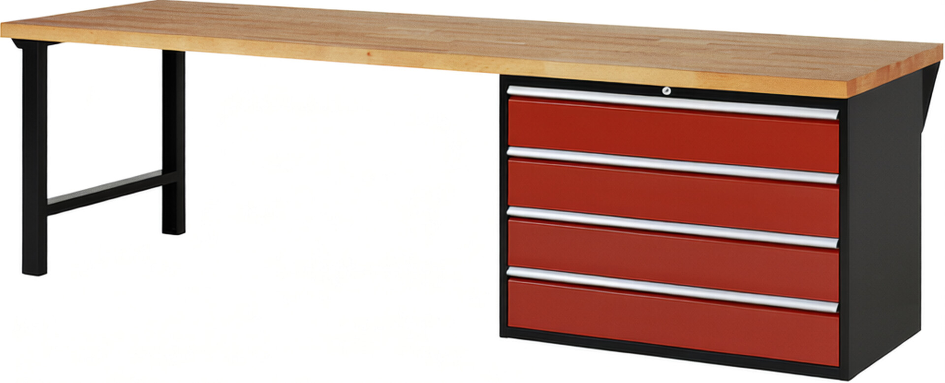 RAU Werkbank schwarz - rot - Breite 300 cm - Tiefe 90 cm - Höhe 89 cm - Buche-Massiv Arbeitsplatte 40 mm