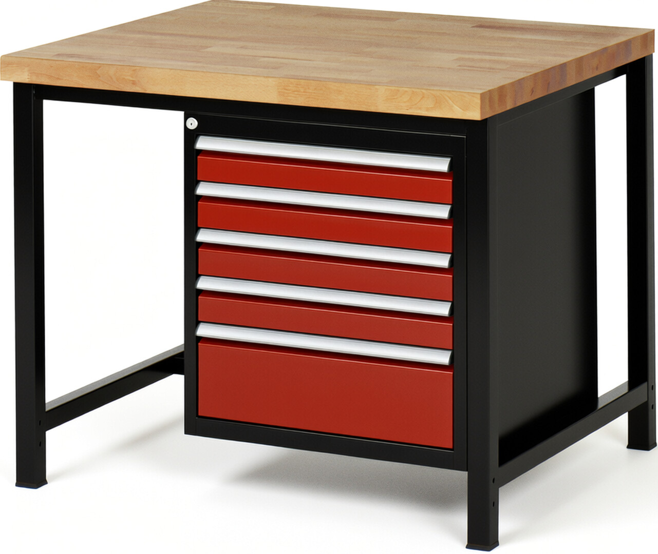 Werkbank Modell 8168 schwarz-rot, BxTxH 1000x900x840-1040 mm,  Buche-Massiv Arbeitsplatte 40 mm,  5 Schubladen mit  Vollauszug 100 % und  SoftClosing