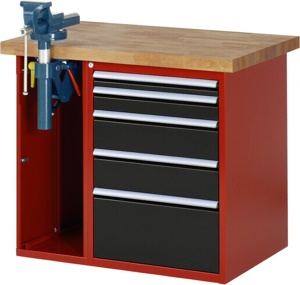 RAU Werkbank rot - schwarz - Breite 100 cm - Tiefe 70 cm - Höhe 89 cm - Buche-Massiv Arbeitsplatte 40 mm